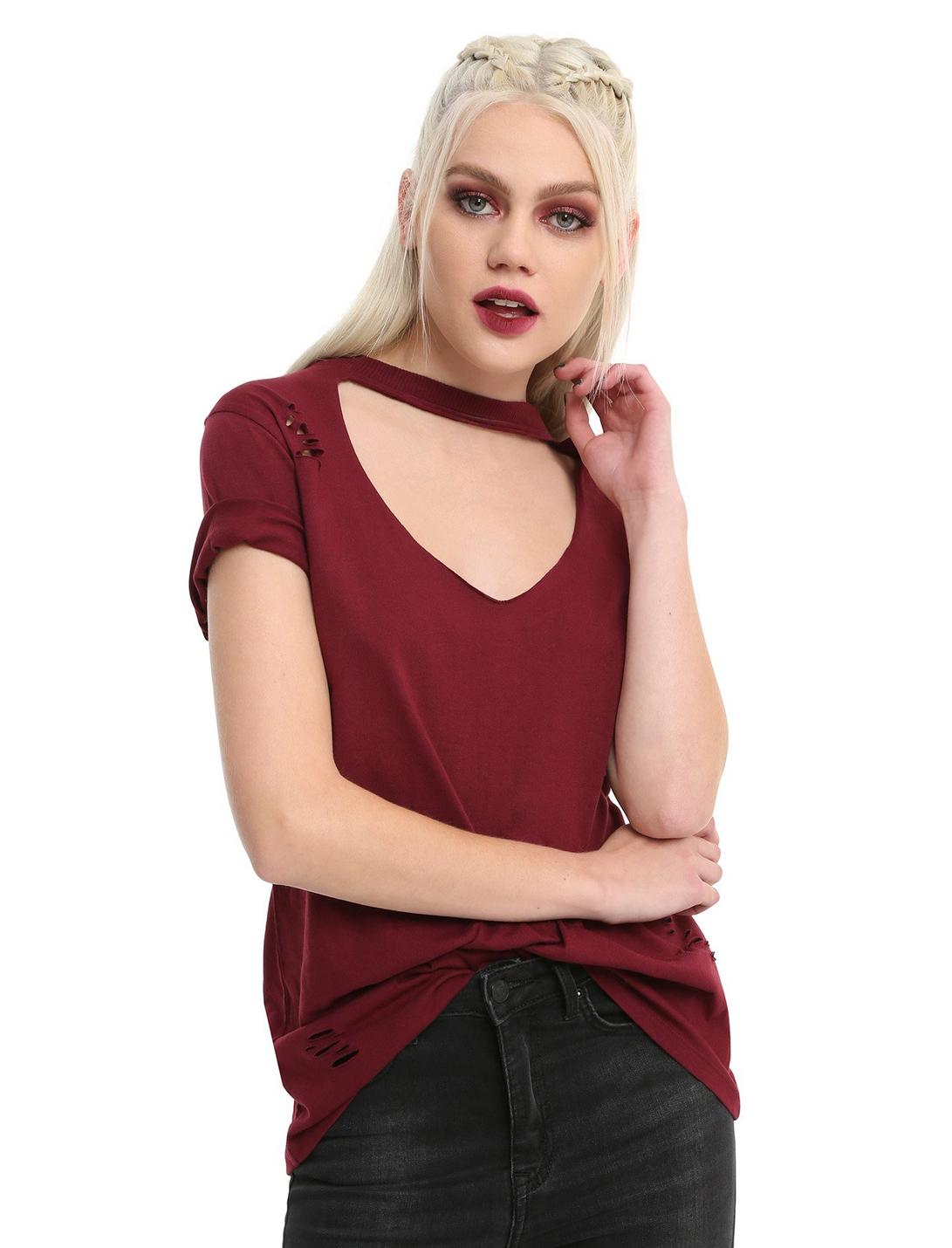 Red V Cutout Choker Destroyed Girls T-Shirt, RED, hi-res