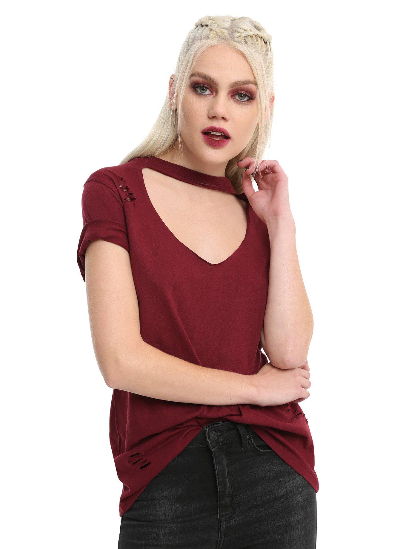 Red V Cutout Choker Destroyed Girls T-Shirt, RED, hi-res