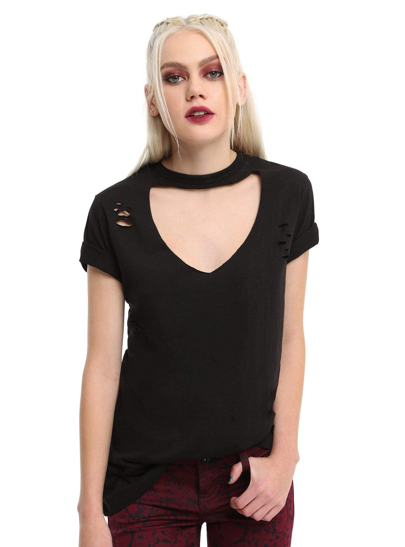 Black V Cutout Choker Destroyed Girls T-Shirt, BLACK, hi-res