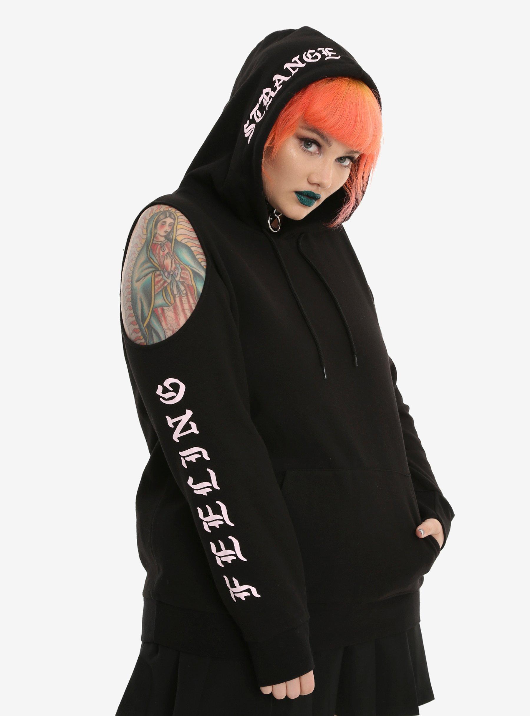 Feeling Strange Cold Shoulder Girls Hoodie Plus Size, BLACK, hi-res