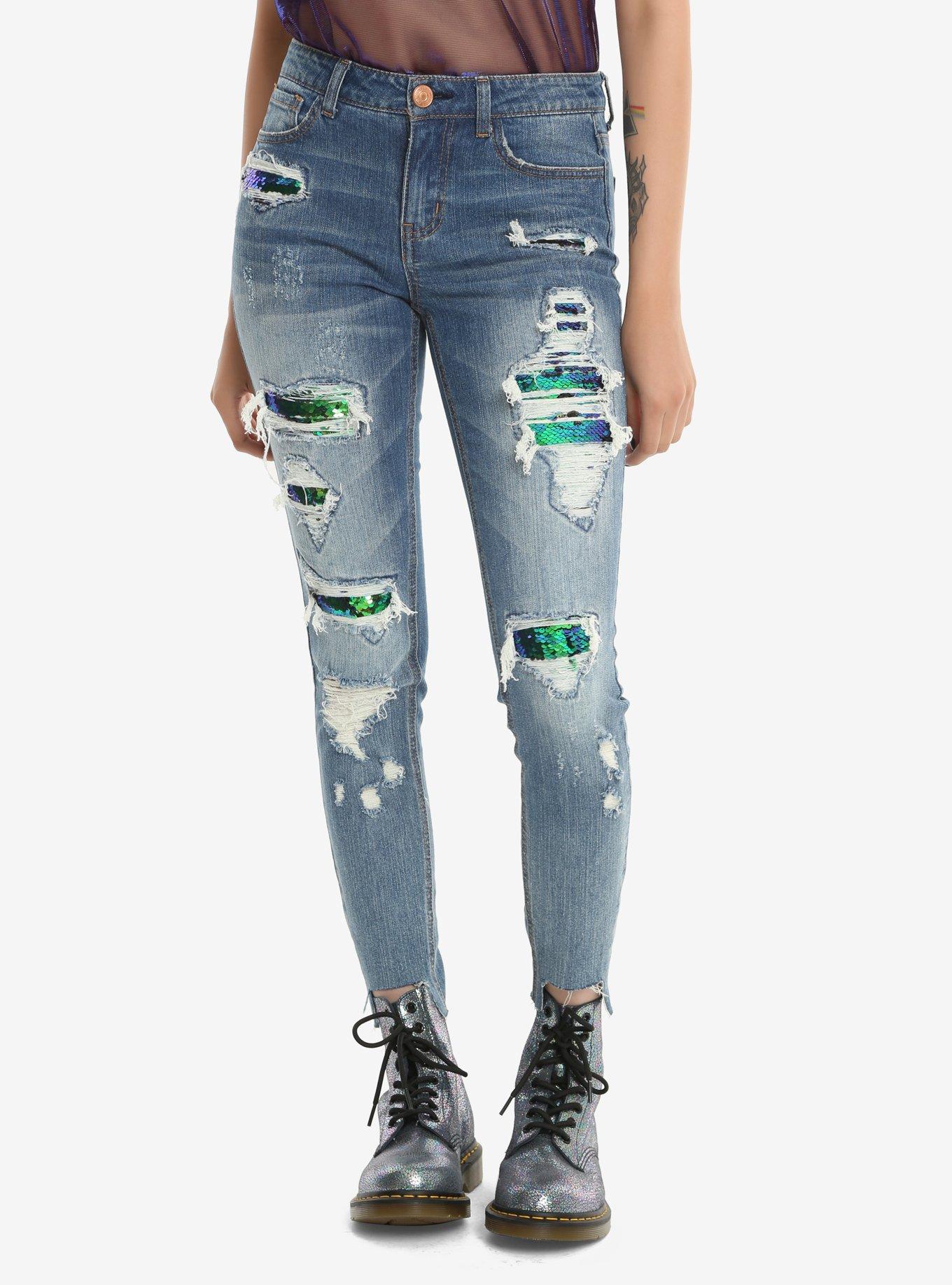 Sequin Destroyed Skinny Jeans, BLUE, hi-res