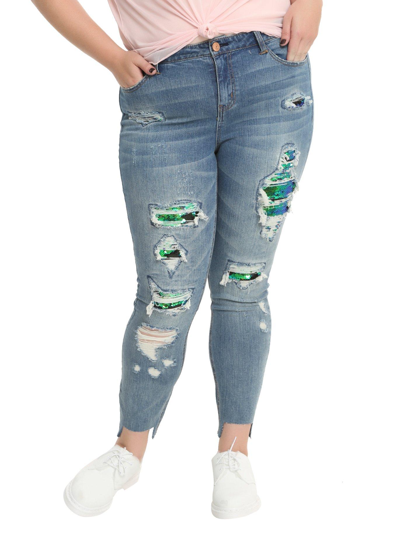 Sequin Destroyed Skinny Jeans Plus Size, BLUE, hi-res