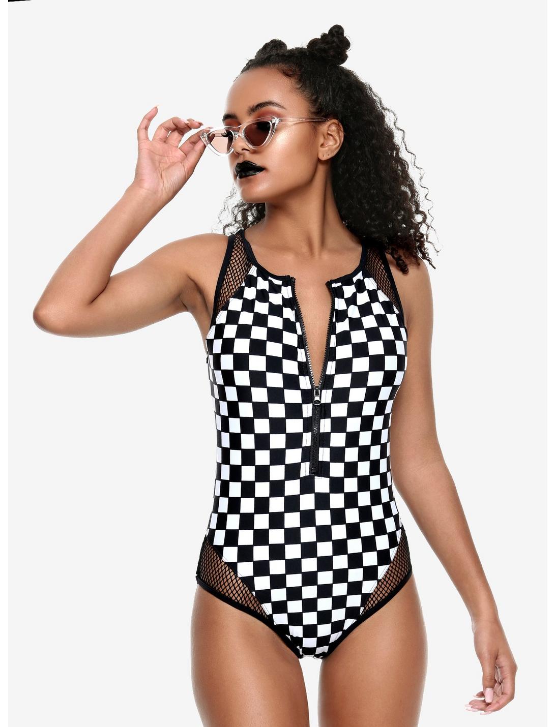 Black & White Checkered Zip-Up Swimsuit, BLACK, hi-res