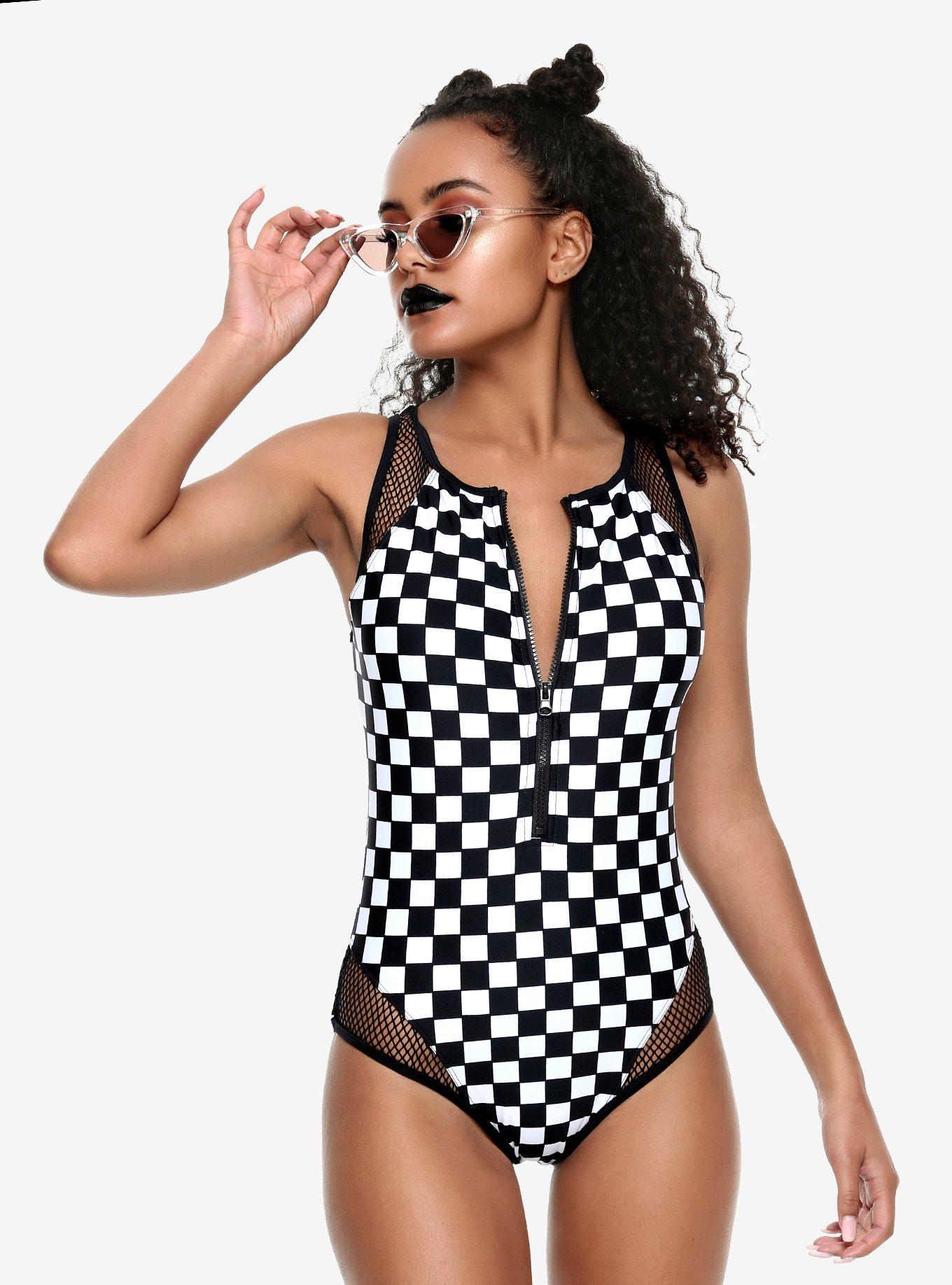 Black & White Checkered Zip-Up Swimsuit, BLACK, hi-res