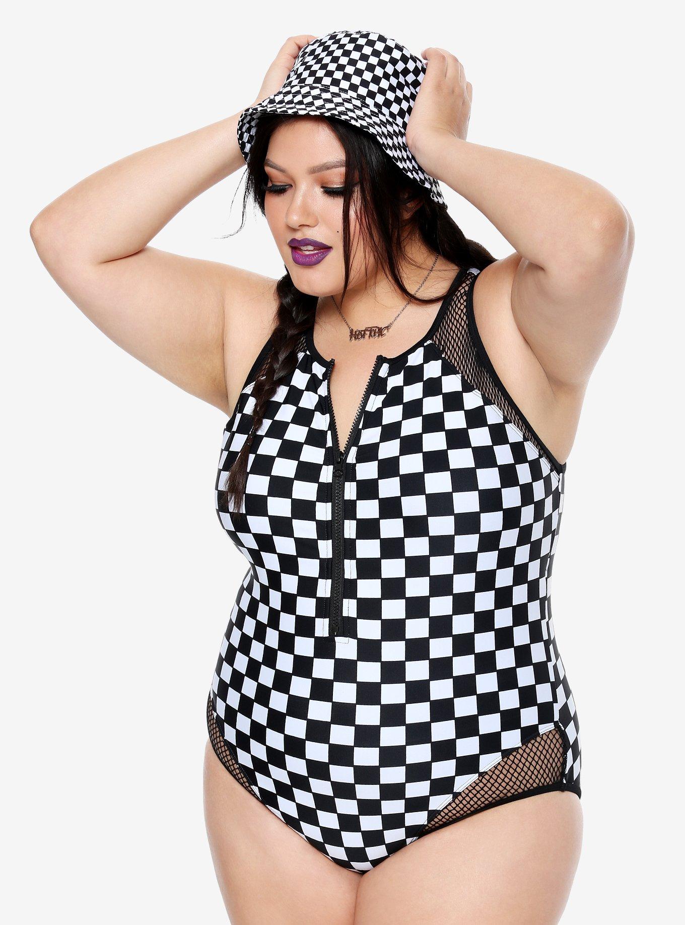 Black & White Checkered Zip-Up Swimsuit Plus Size, BLACK, hi-res