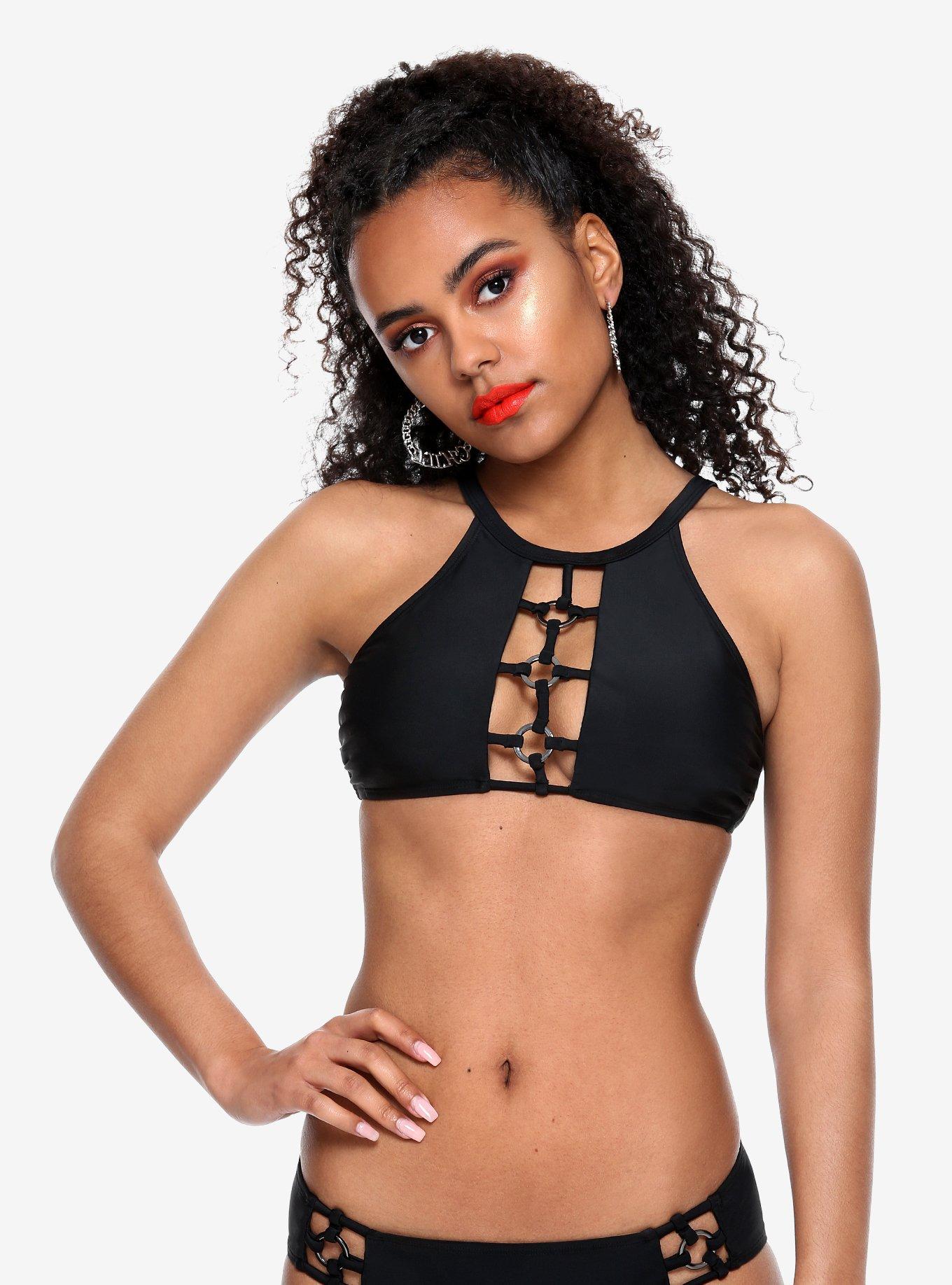 High-Neck O-Ring Cage Swim Top, BLACK, hi-res