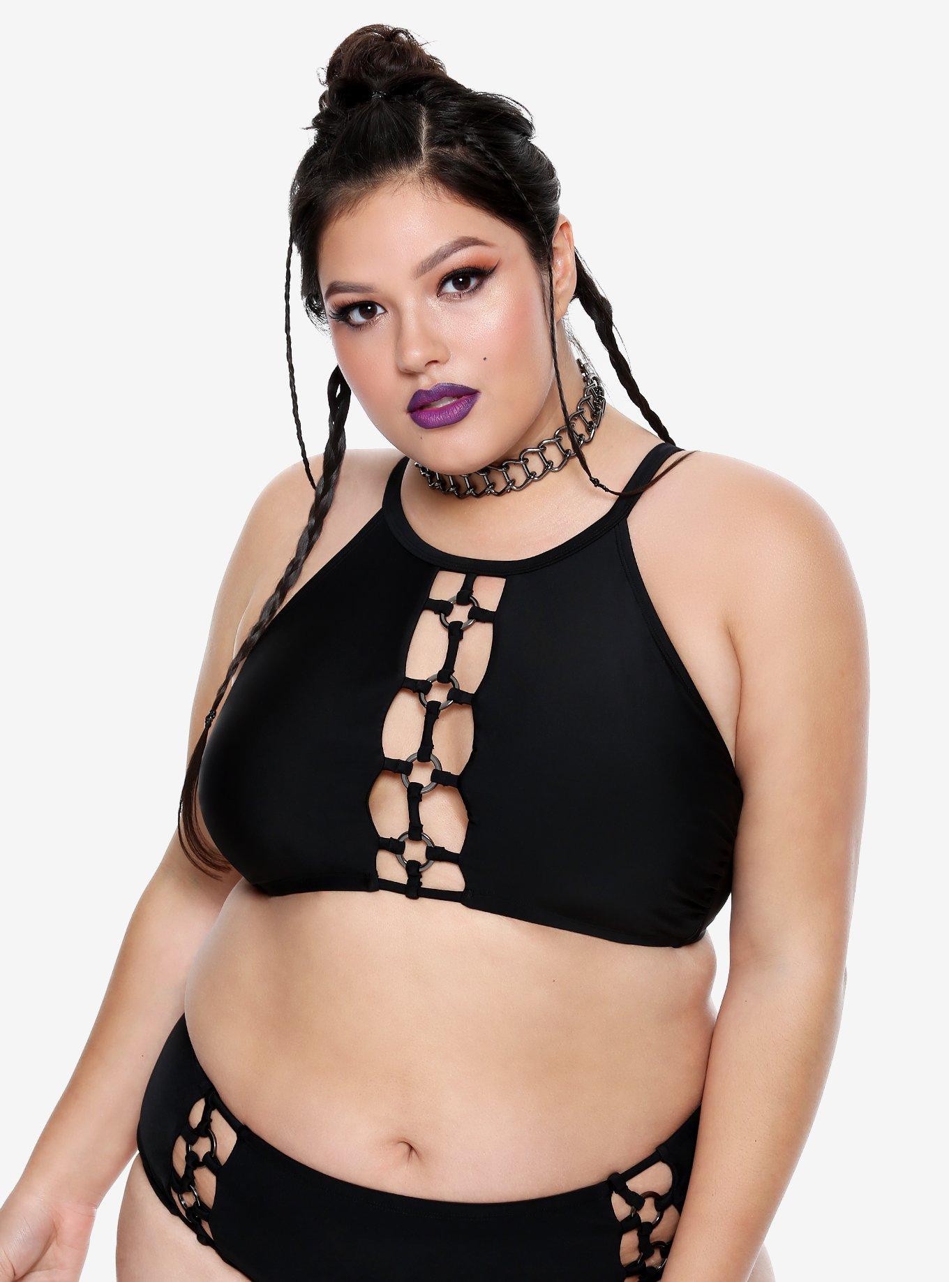 High-Neck O-Ring Cage Swim Top Plus Size, BLACK, hi-res