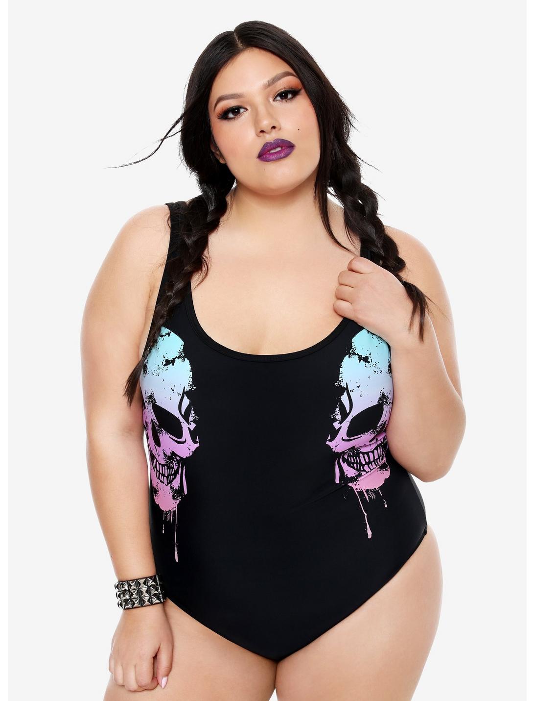 Ombre Dripping Skulls Swimsuit Plus Size, BLACK, hi-res
