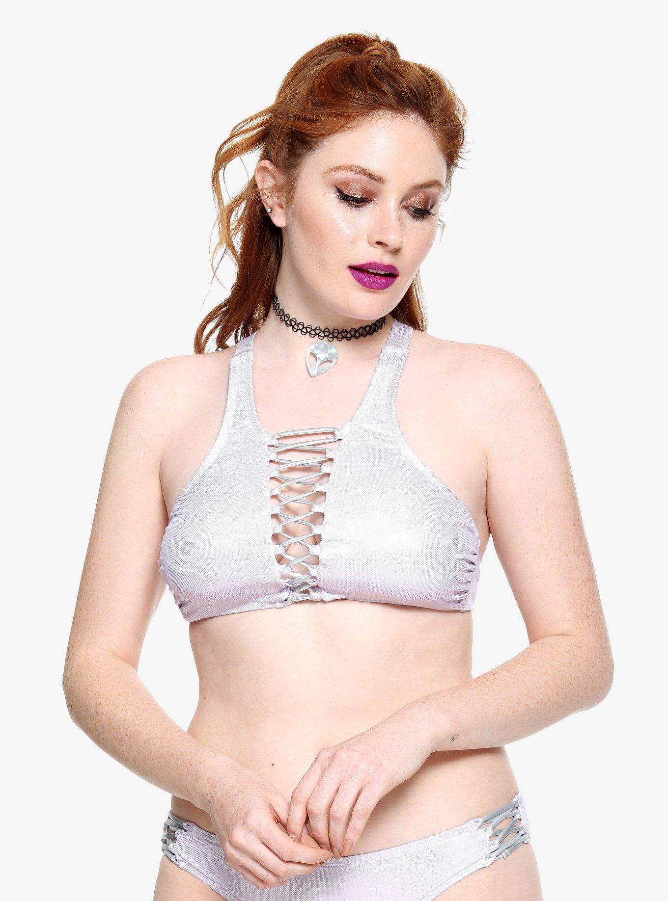 Holographic Lace-Up Swim Top, MULTI, hi-res