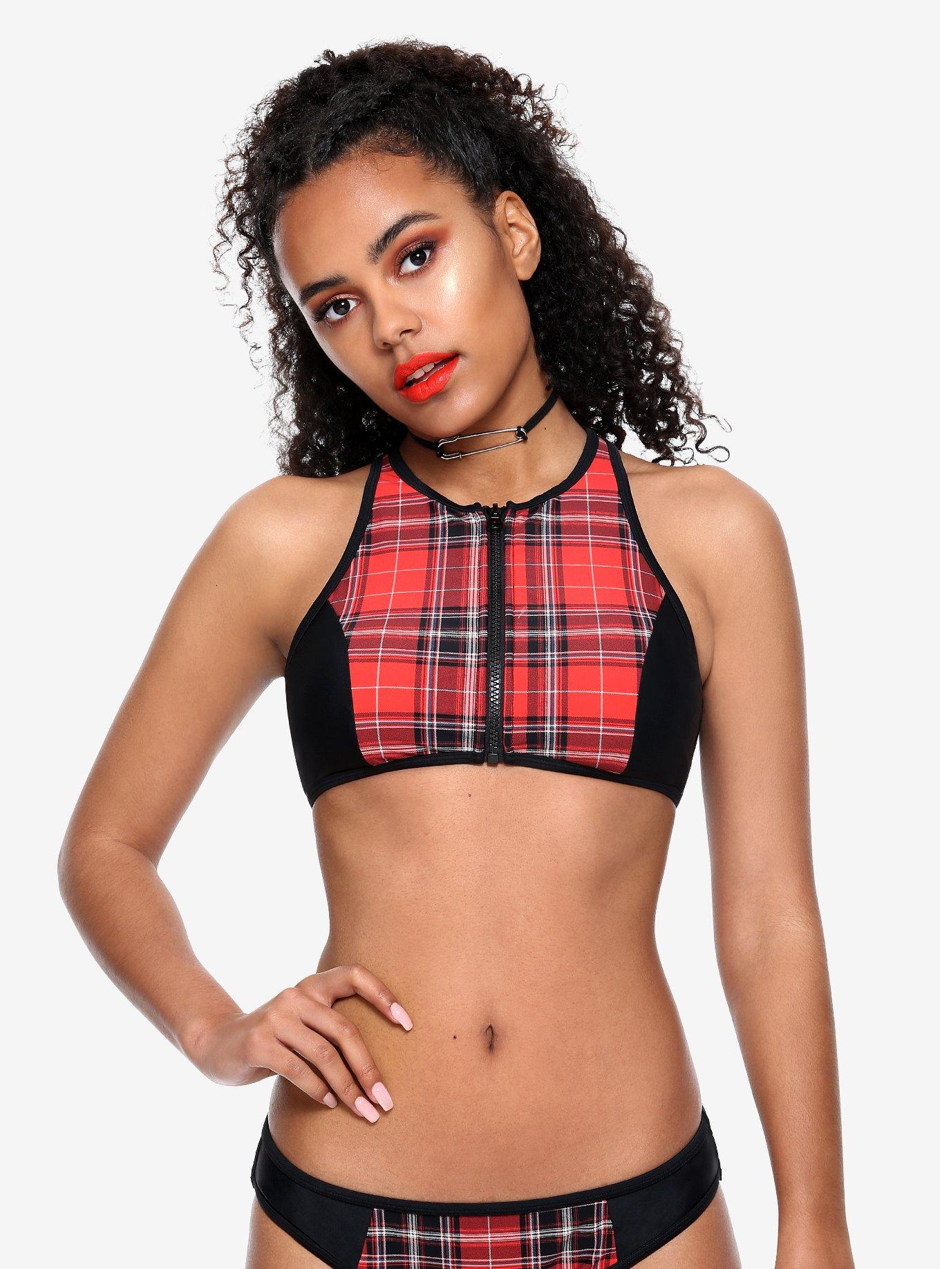 Plaid Zipper Rebel Swim Top, PLAID, hi-res
