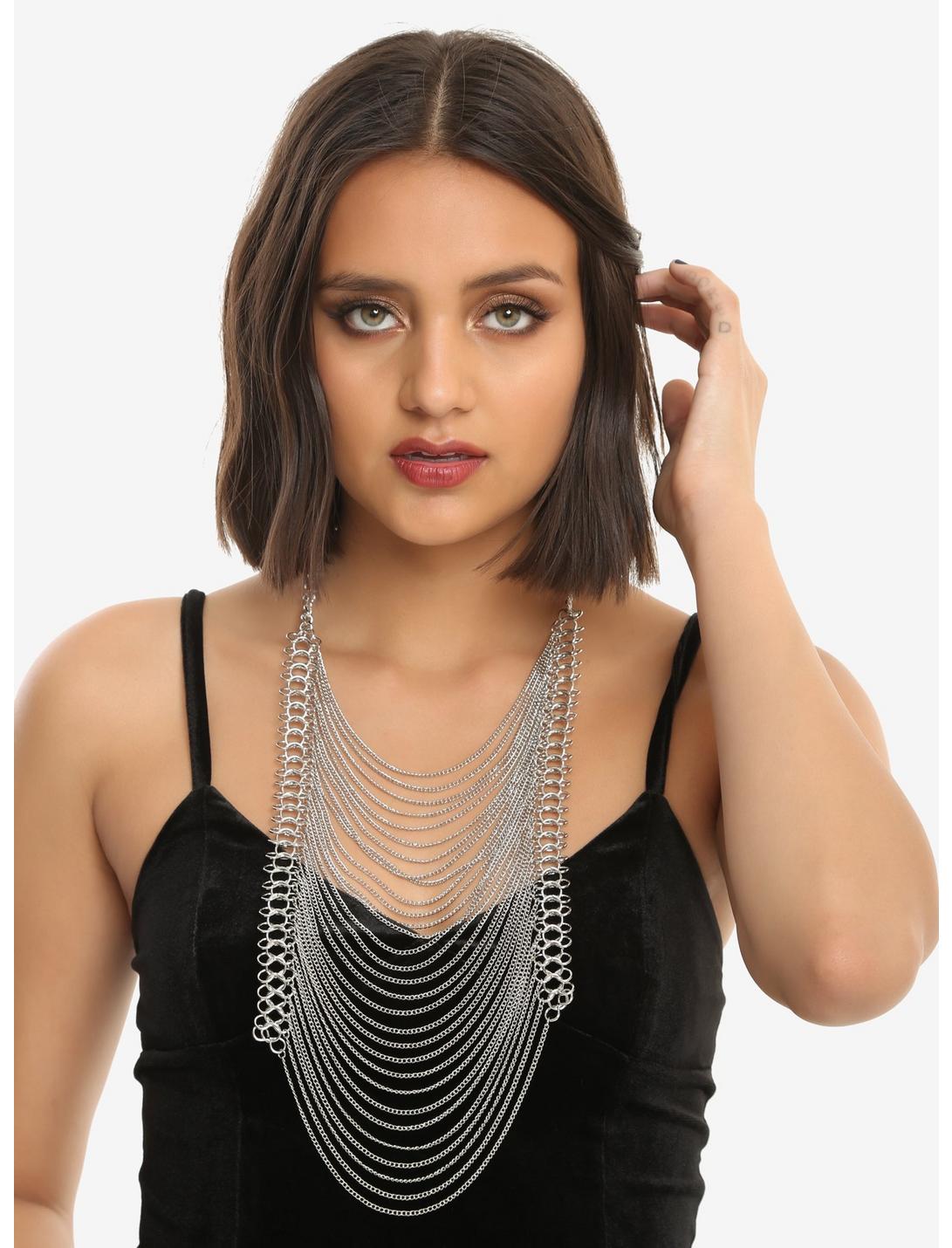 Blackheart Silver Chain Link Tiered Bib Necklace, , hi-res