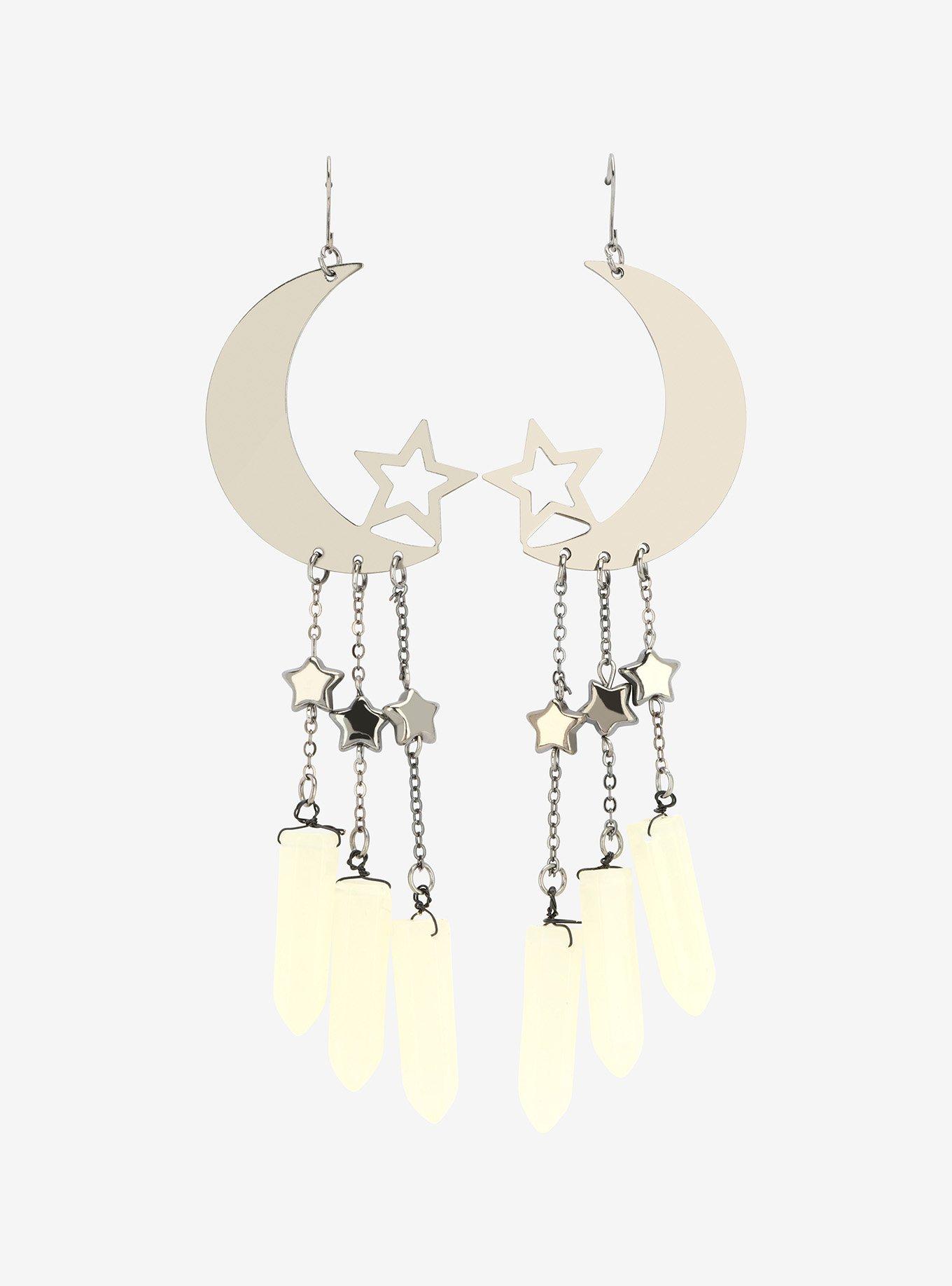 Blackheart Crescent Moon & Stars Crystal Dangle Earrings, , hi-res