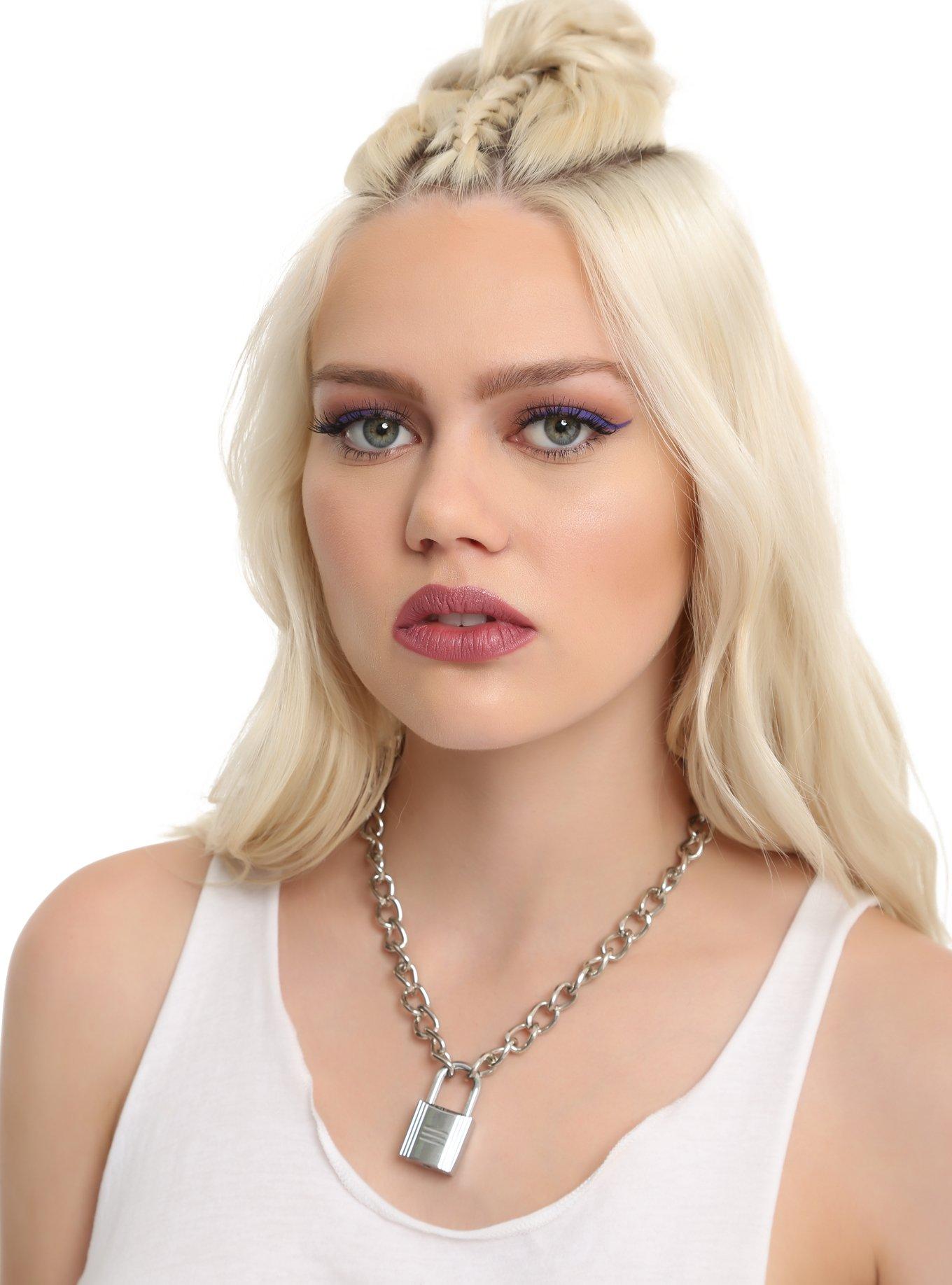 Silver Metal Padlock Choker, , hi-res