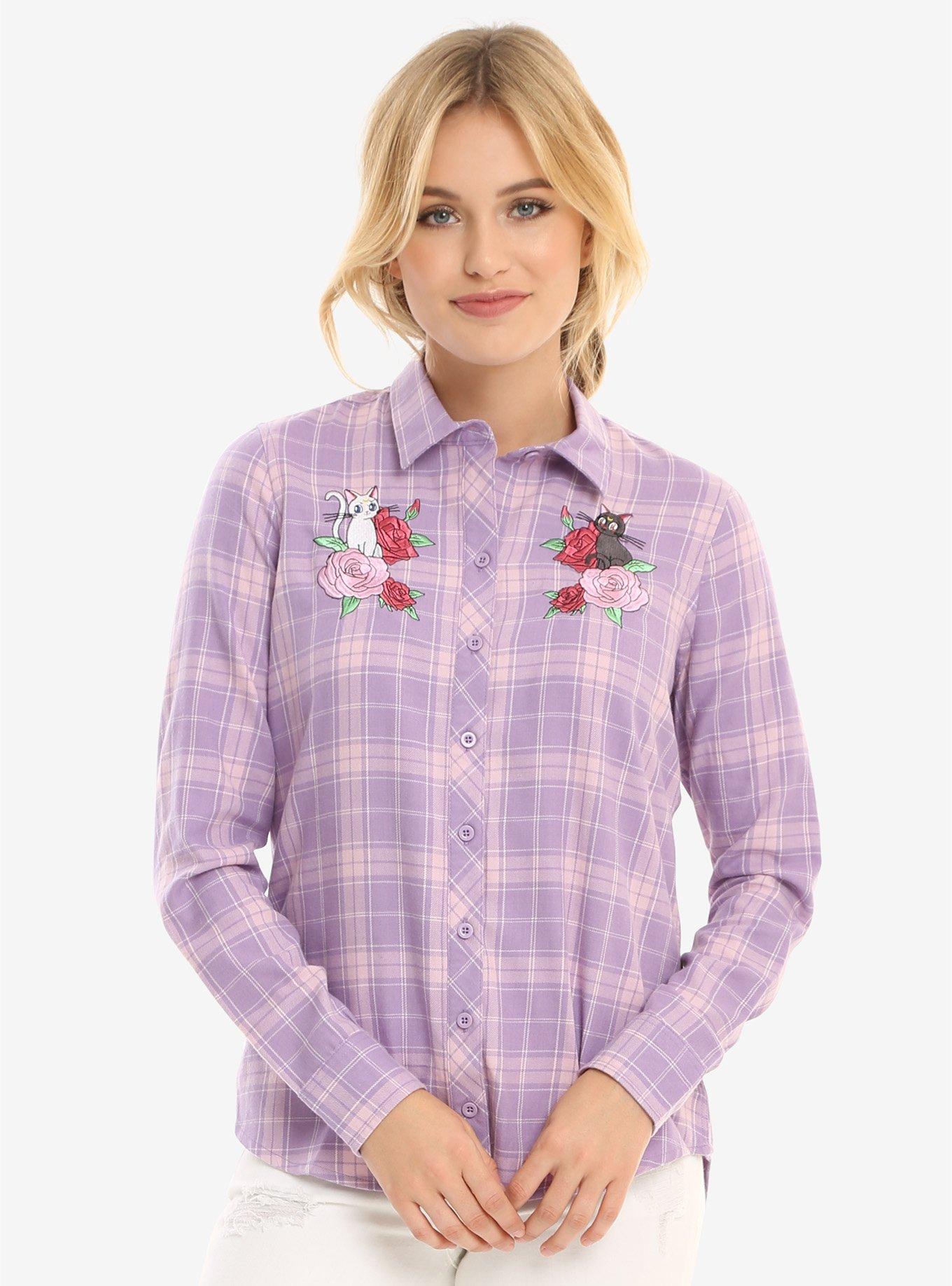 Sailor Moon Luna & Artemis Floral Flannel Womens Woven Button-Up - BoxLunch Exclusive, PINK, hi-res