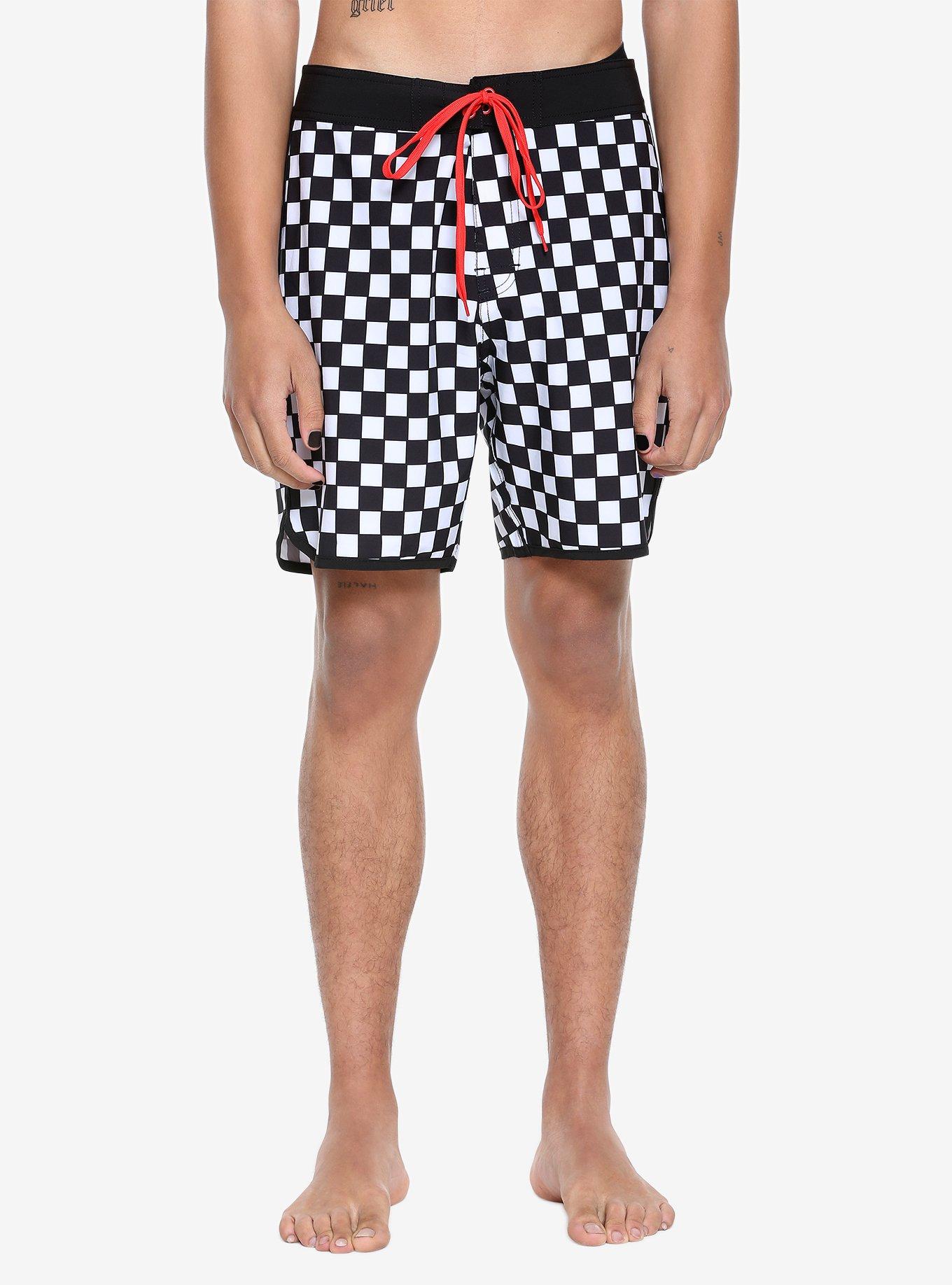 Black & White Checkered Swim Trunks, BLACK-WHITE, hi-res