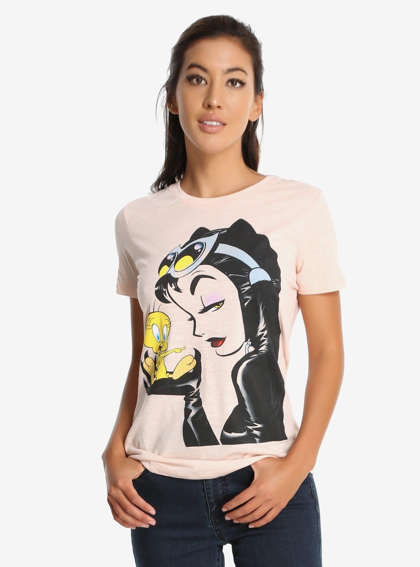 Looney Tunes DC Comics Tweety Bird & Catwoman Womens Tee - BoxLunch Exclusive, PEACH MELBA, hi-res