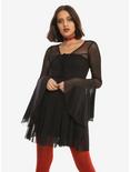 Black Lace-Up Bodice Bell Sleeve Mesh Dress, BLACK, hi-res