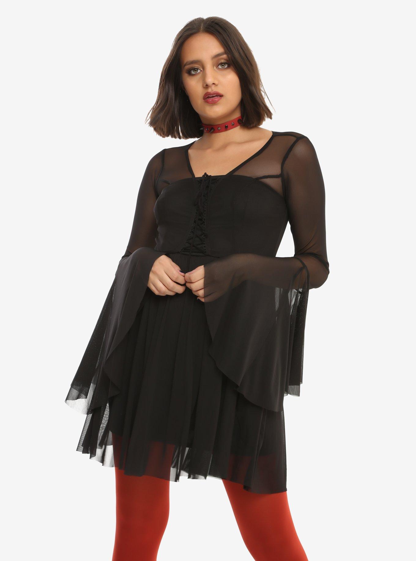 Black Lace-Up Bodice Bell Sleeve Mesh Dress, BLACK, hi-res