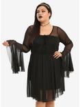 Black Lace-Up Bodice Bell Sleeve Mesh Dress Plus Size, BLACK, hi-res