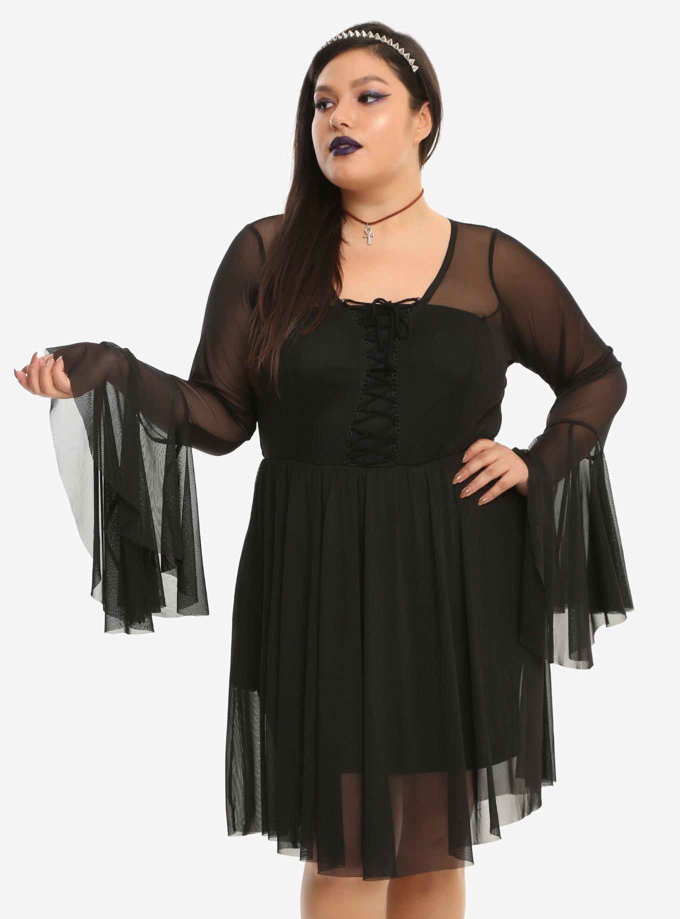 Black Lace-Up Bodice Bell Sleeve Mesh Dress Plus Size, BLACK, hi-res