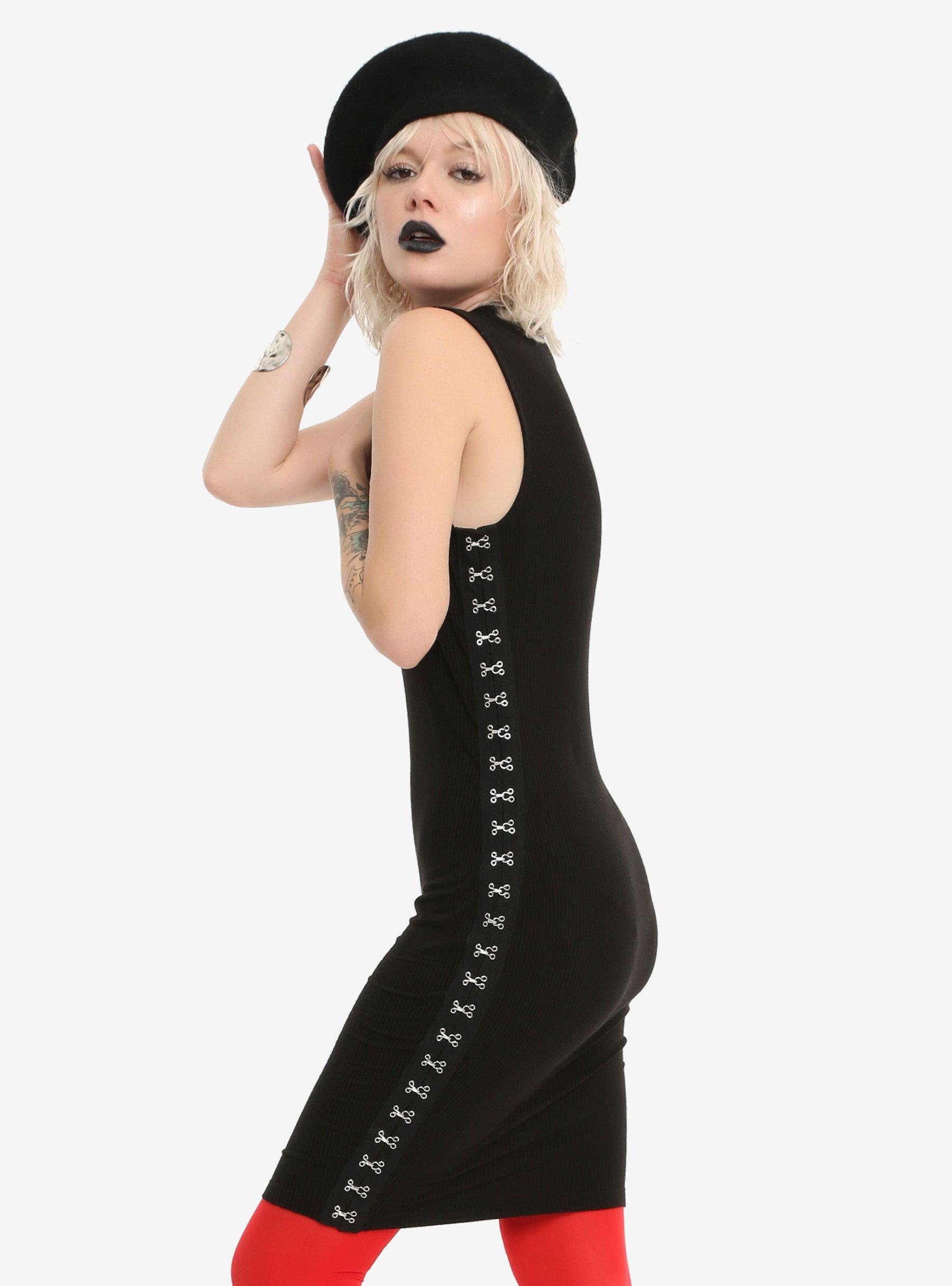 Black Hook & Eye Bodycon Dress, BLACK, hi-res