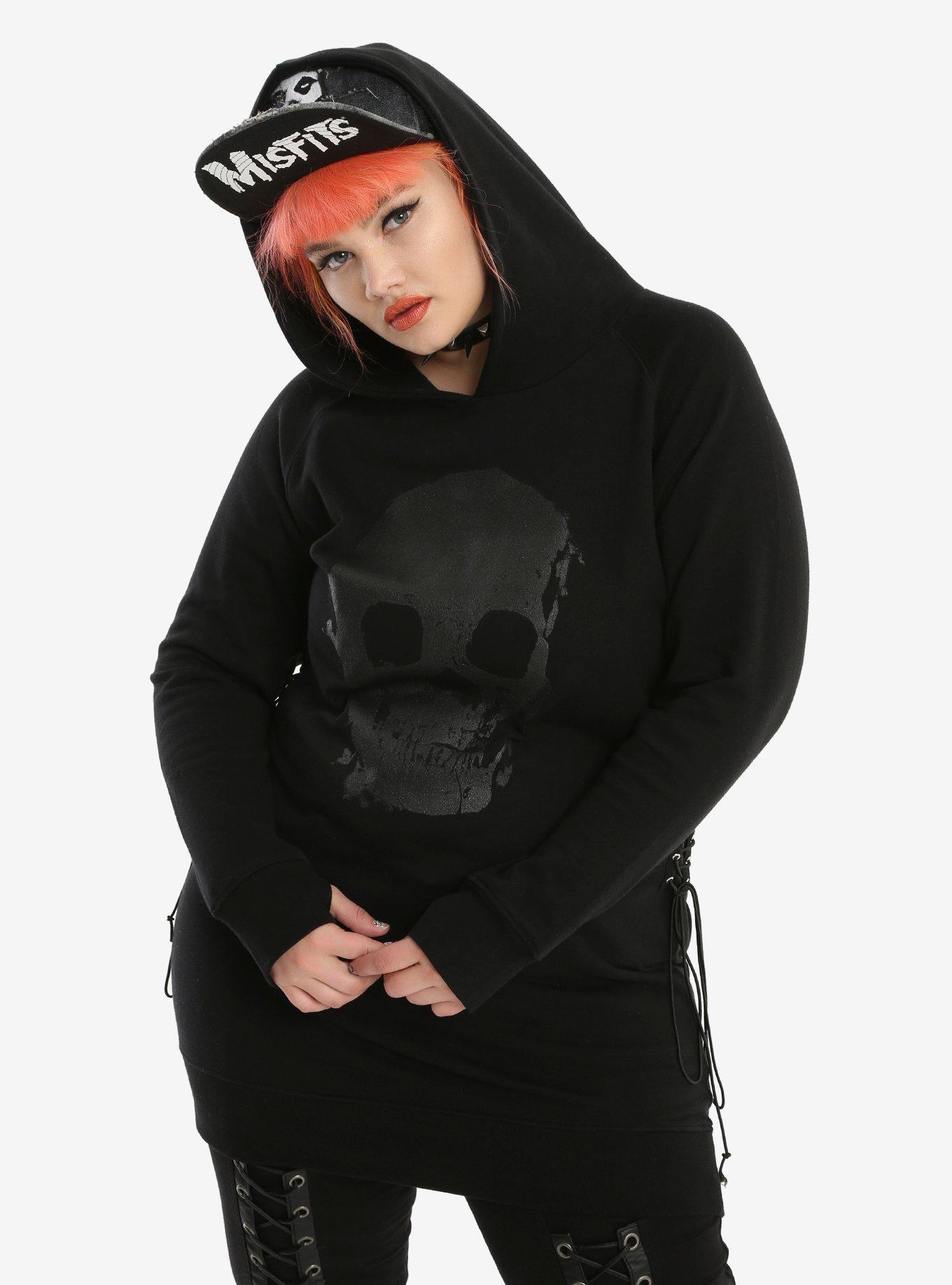 Black Glitter Skull Corset Side Hoodie Dress Plus Size, BLACK, hi-res