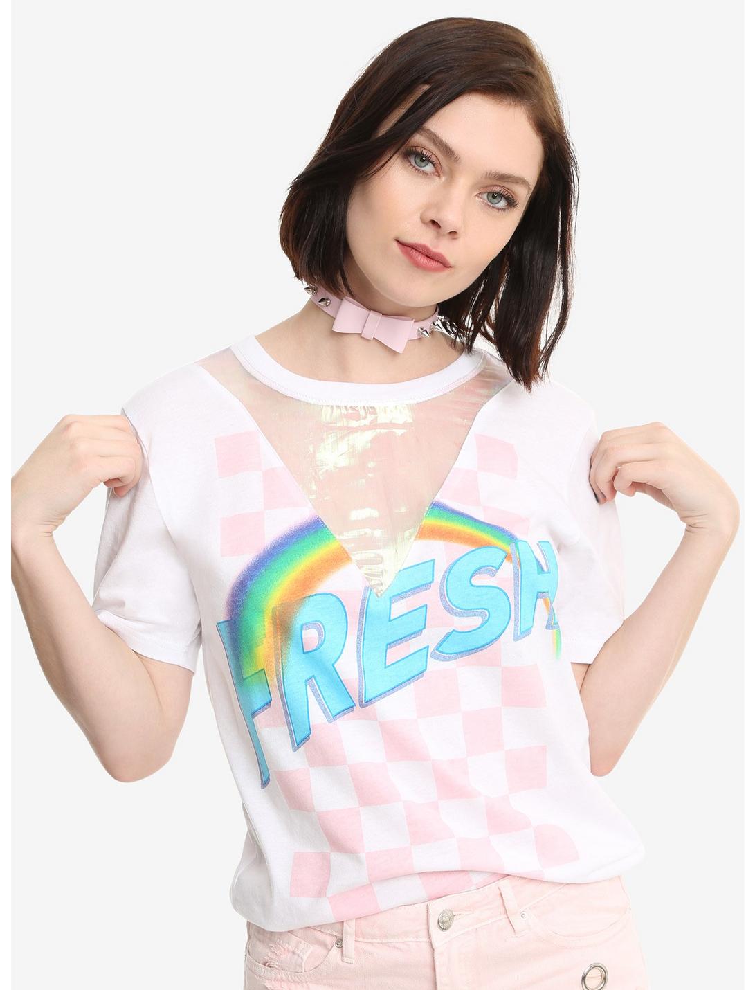 Fresh Rainbow Checkered Print Iridescent Inset Girls T-Shirt, WHITE, hi-res