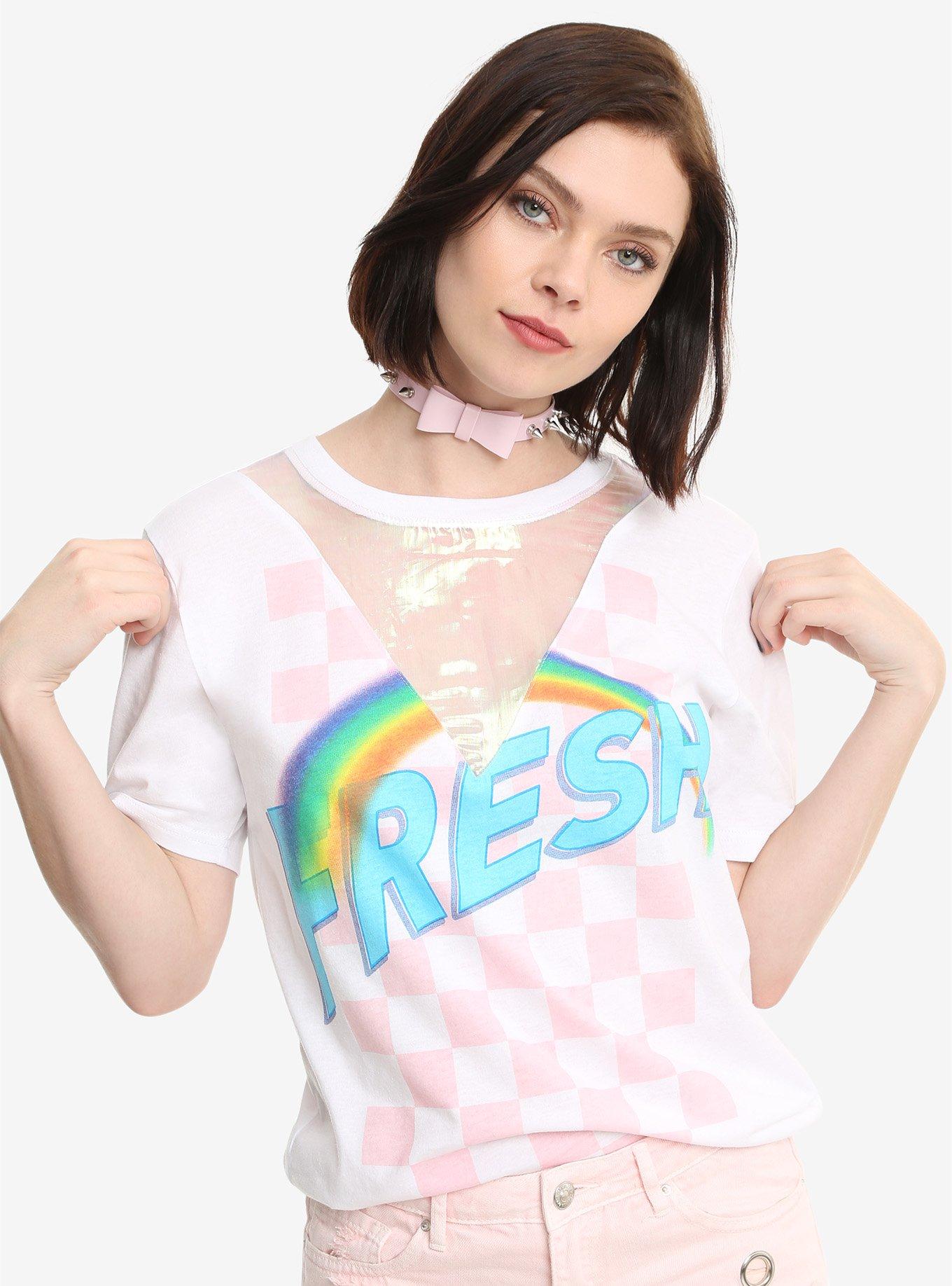 Fresh Rainbow Checkered Print Iridescent Inset Girls T-Shirt, WHITE, hi-res