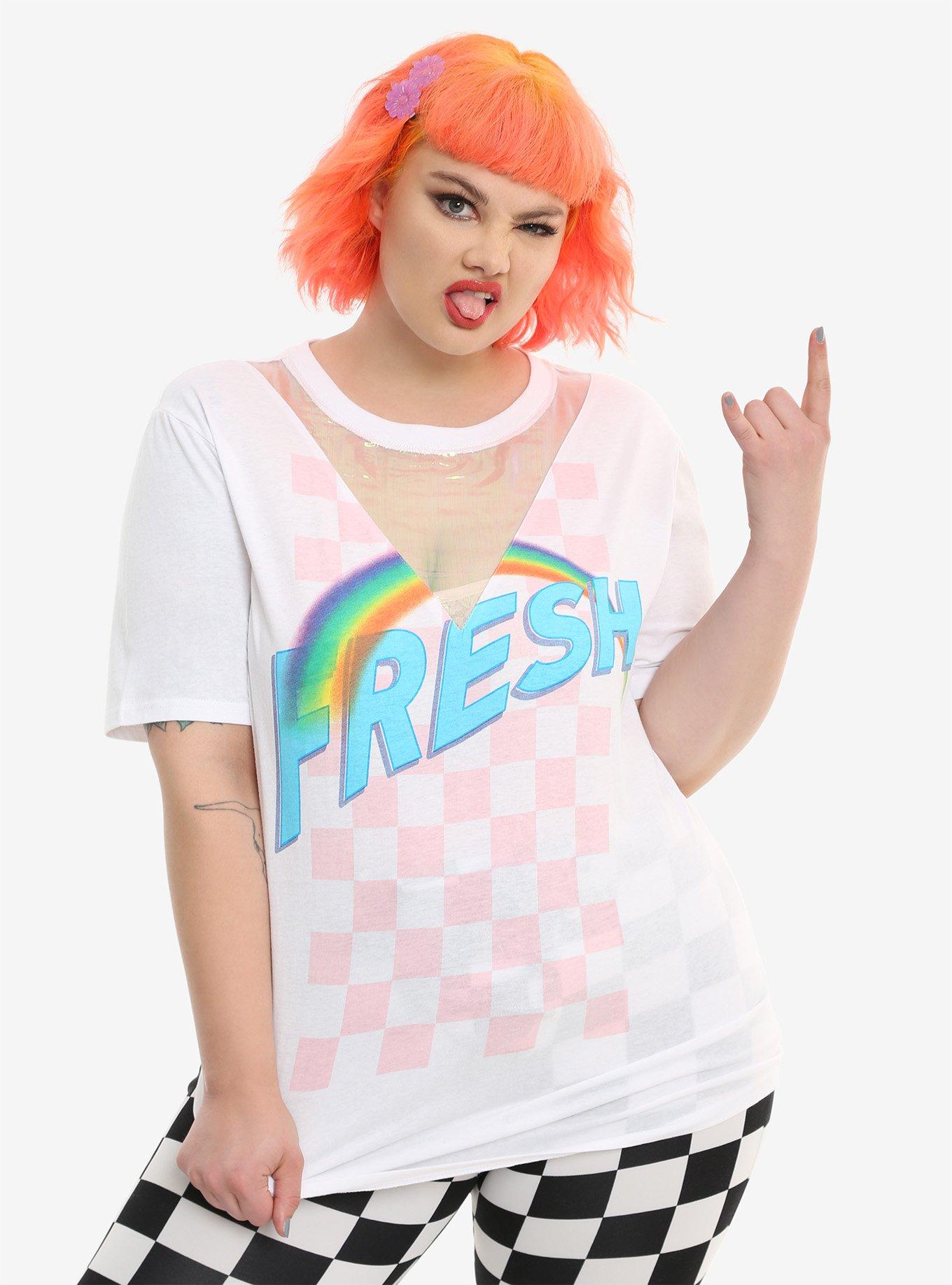 Fresh Rainbow Checkered Print Iridescent Inset Girls T-Shirt Plus Size, WHITE, hi-res