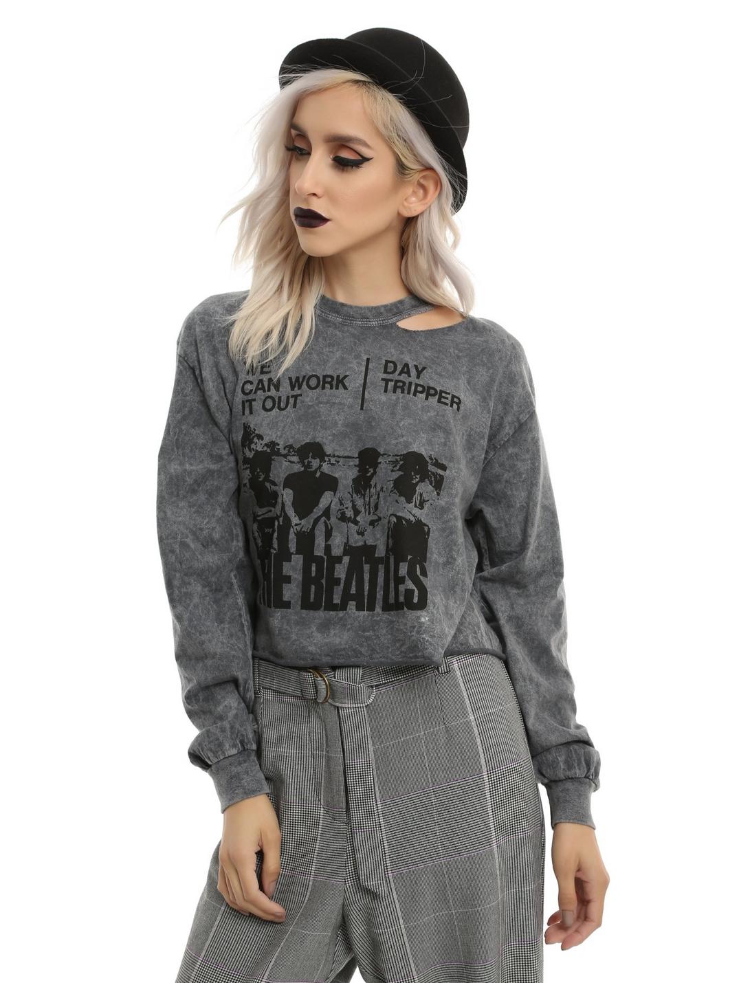 The Beatles Day Tripper Tie Dye Girls Destructed Sweatshirt, BLACK, hi-res