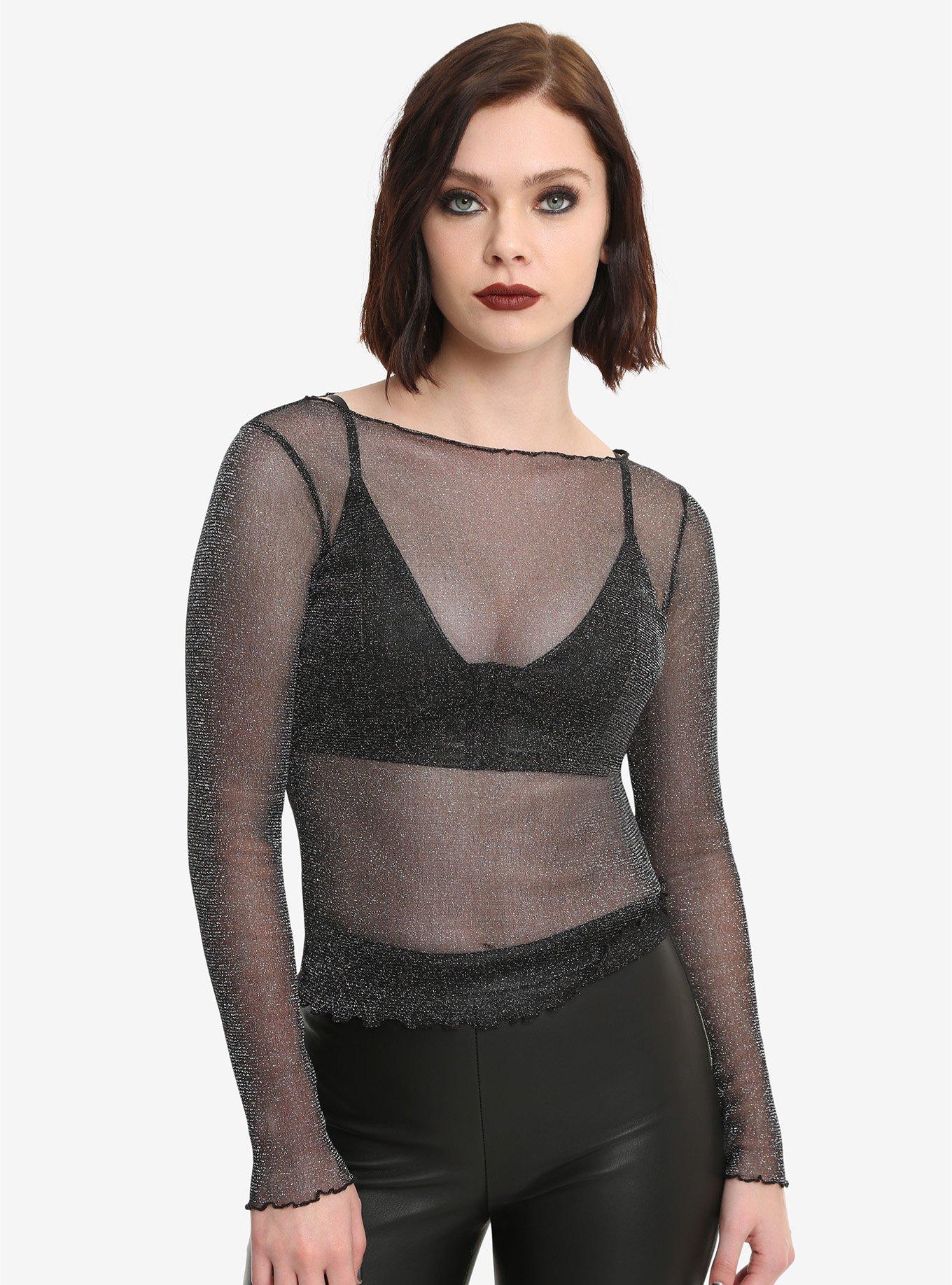 Black Iridescent Mesh Girls Top, BLACK, hi-res