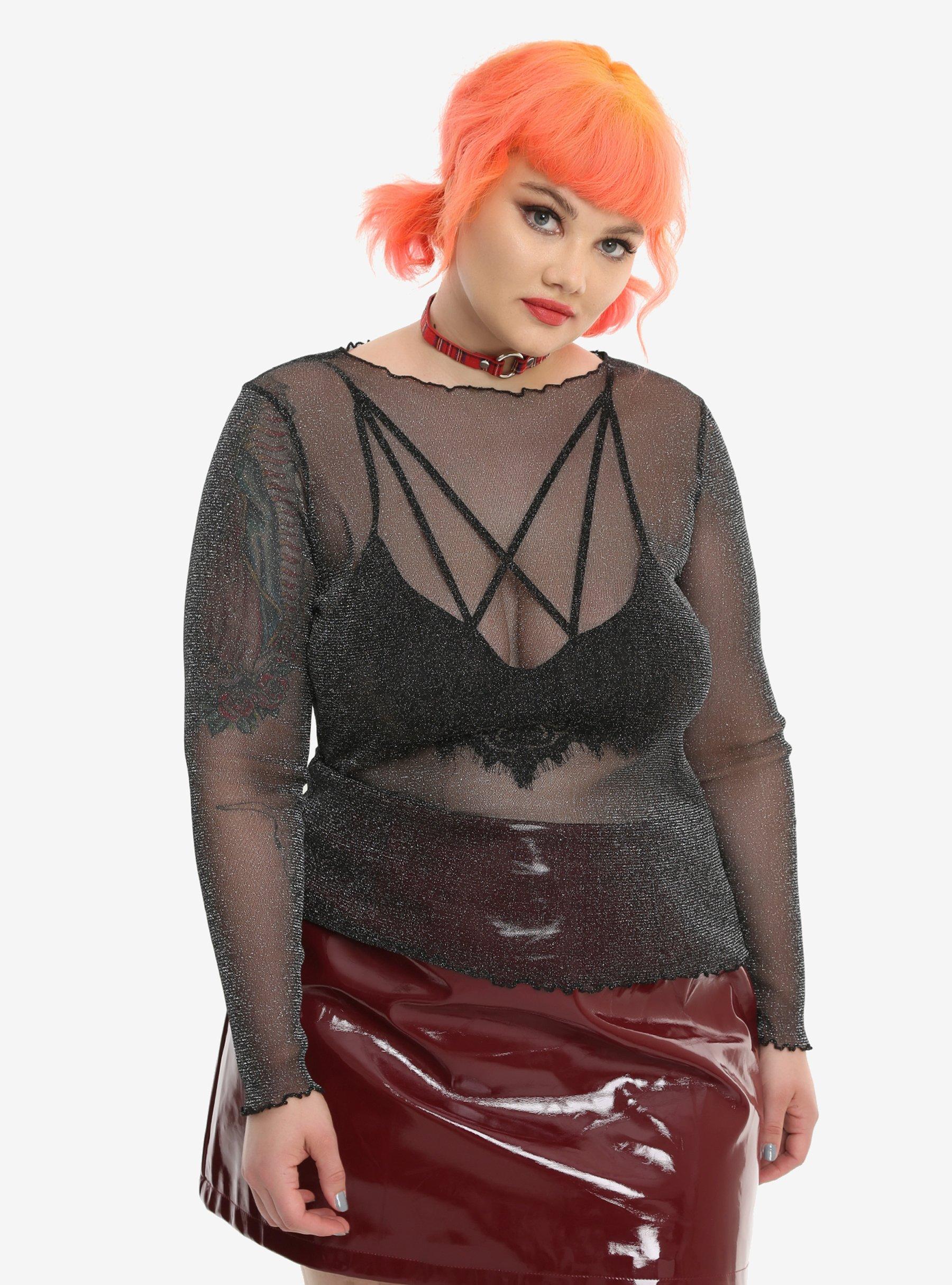 Black Iridescent Mesh Girls Top Plus Size, BLACK, hi-res