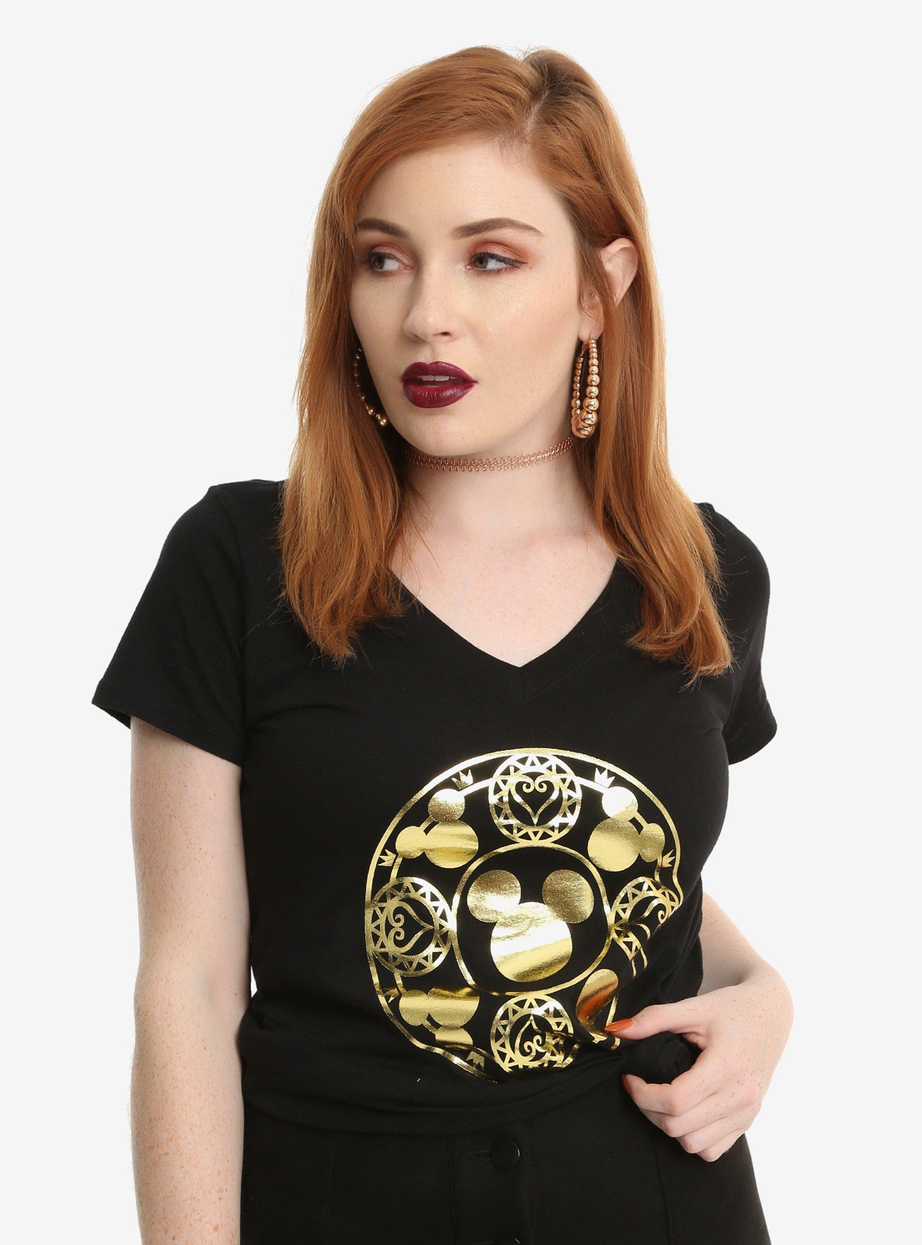 Disney Kingdom Hearts Gold Foil Girls V-Neck T-Shirt, BLACK, hi-res