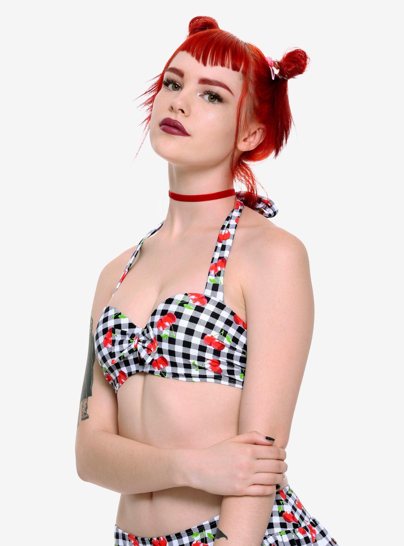 [TOOMUCHTAX] / ☆ BLACK CHERRY BIKINI Black & White Gingham Cherry Swim Top | Hot Topic