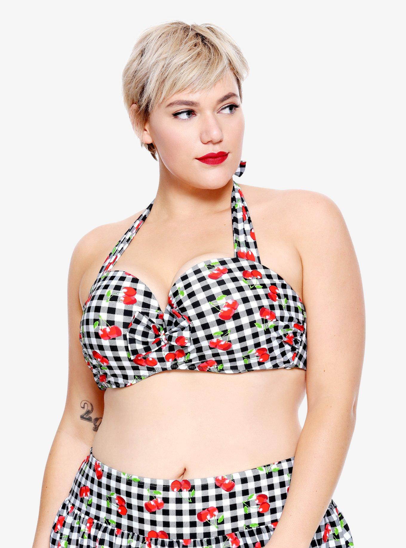 Black & White Gingham Cherry Swim Top Plus Size, BLACK-WHITE, hi-res