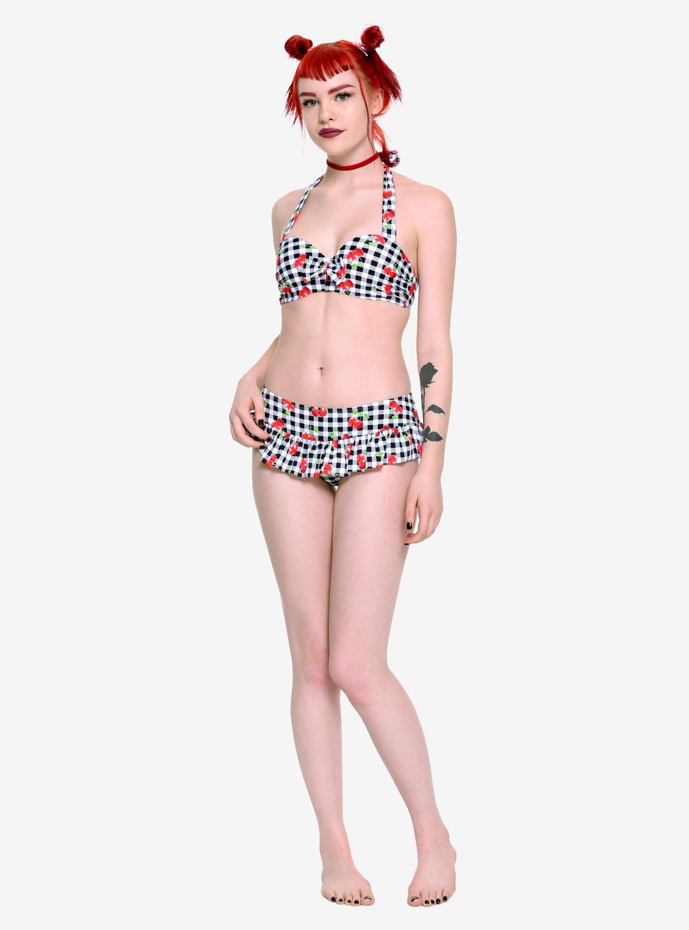 Black & White Gingham Cherry Ruffle Swim Bottoms, BLACK-WHITE, hi-res