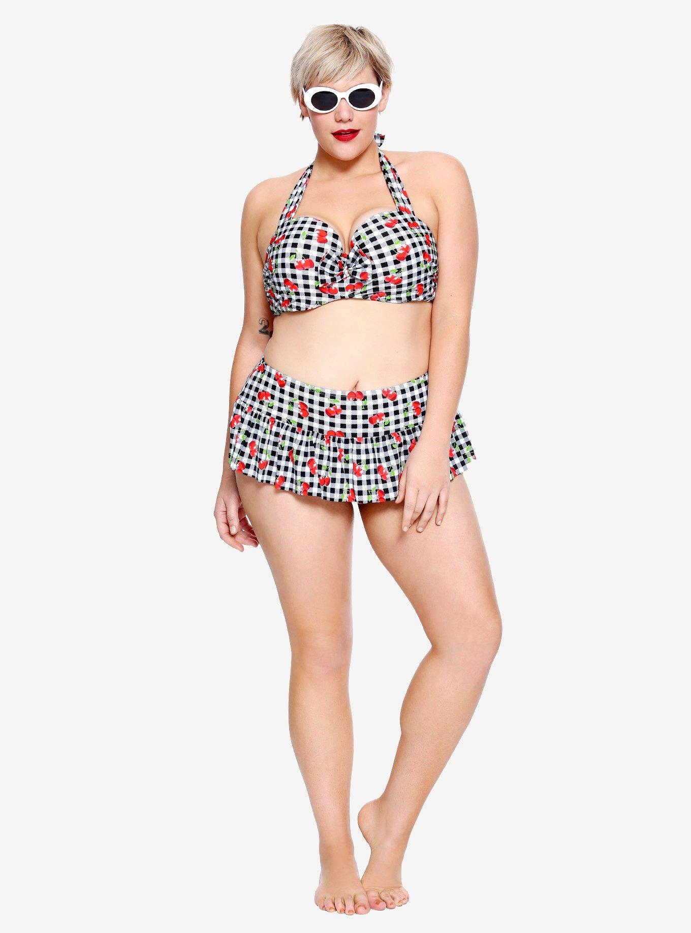 Black & White Gingham Cherry Ruffle Swim Bottoms Plus Size, BLACK-WHITE, hi-res