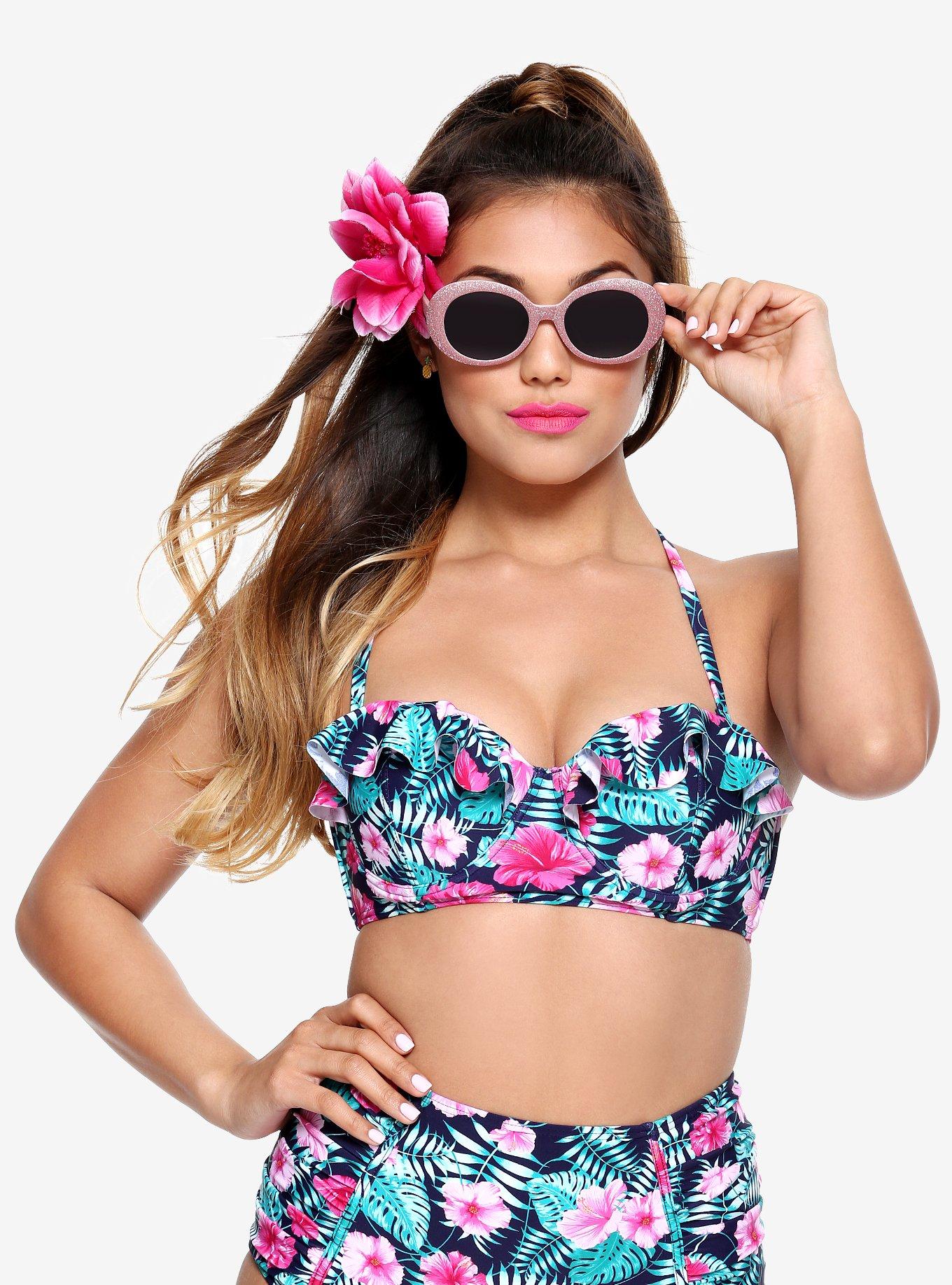 Floral Ruffle Swim Top, FLORAL, hi-res