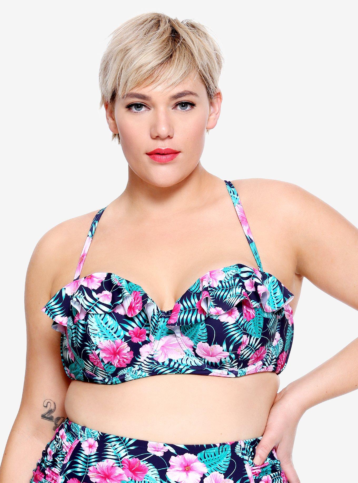 Floral Ruffle Swim Top Plus Size, FLORAL, hi-res