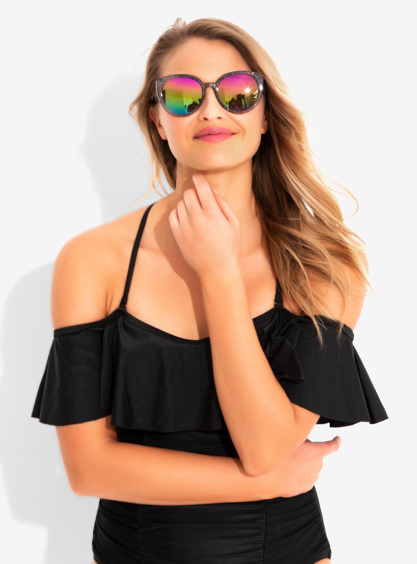 Black Off-The-Shoulder Ruffle Swimsuit, BLACK, hi-res