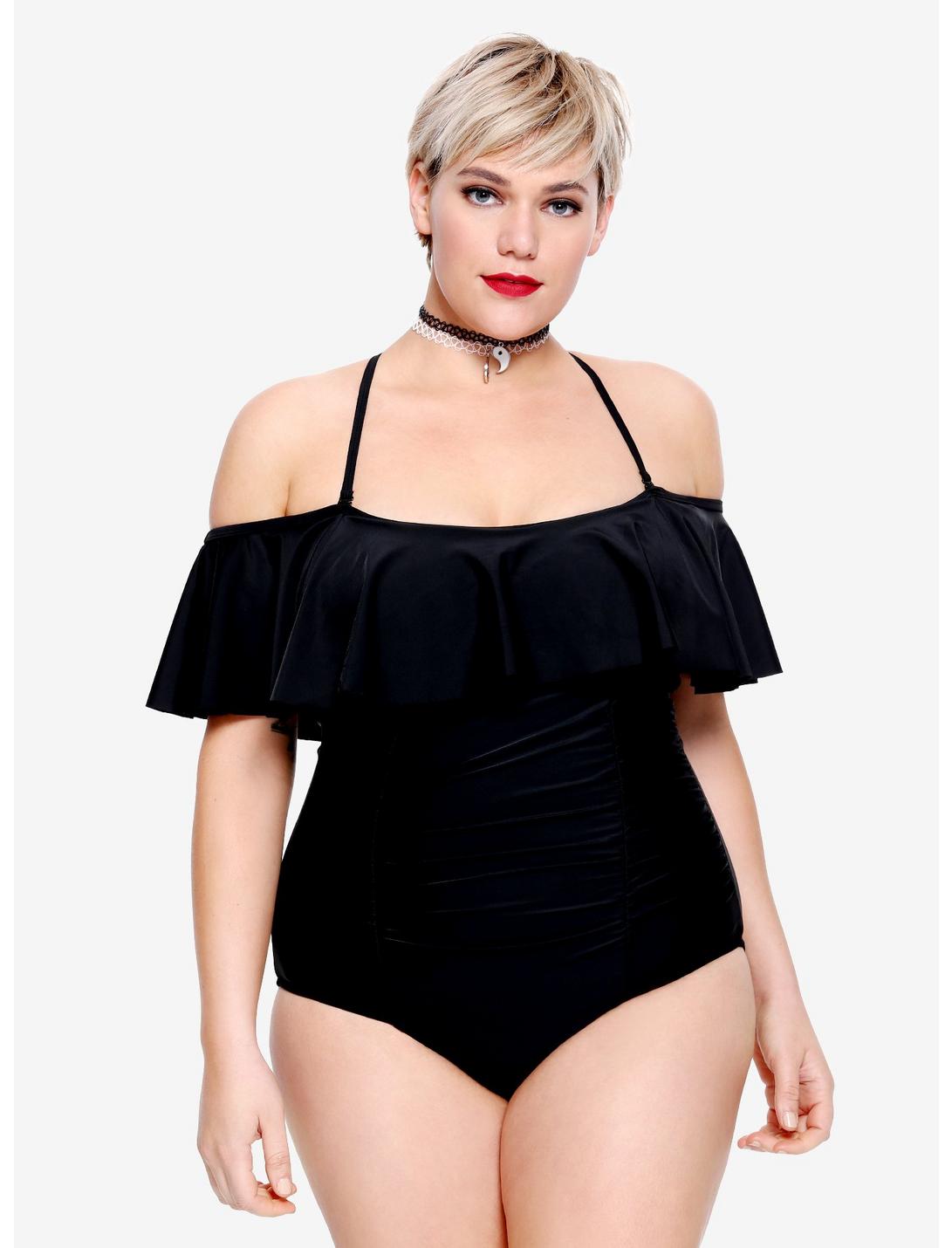 Black Off-The-Shoulder Ruffle Swimsuit Plus Size, BLACK, hi-res