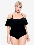 Black Off-The-Shoulder Ruffle Swimsuit Plus Size, BLACK, hi-res