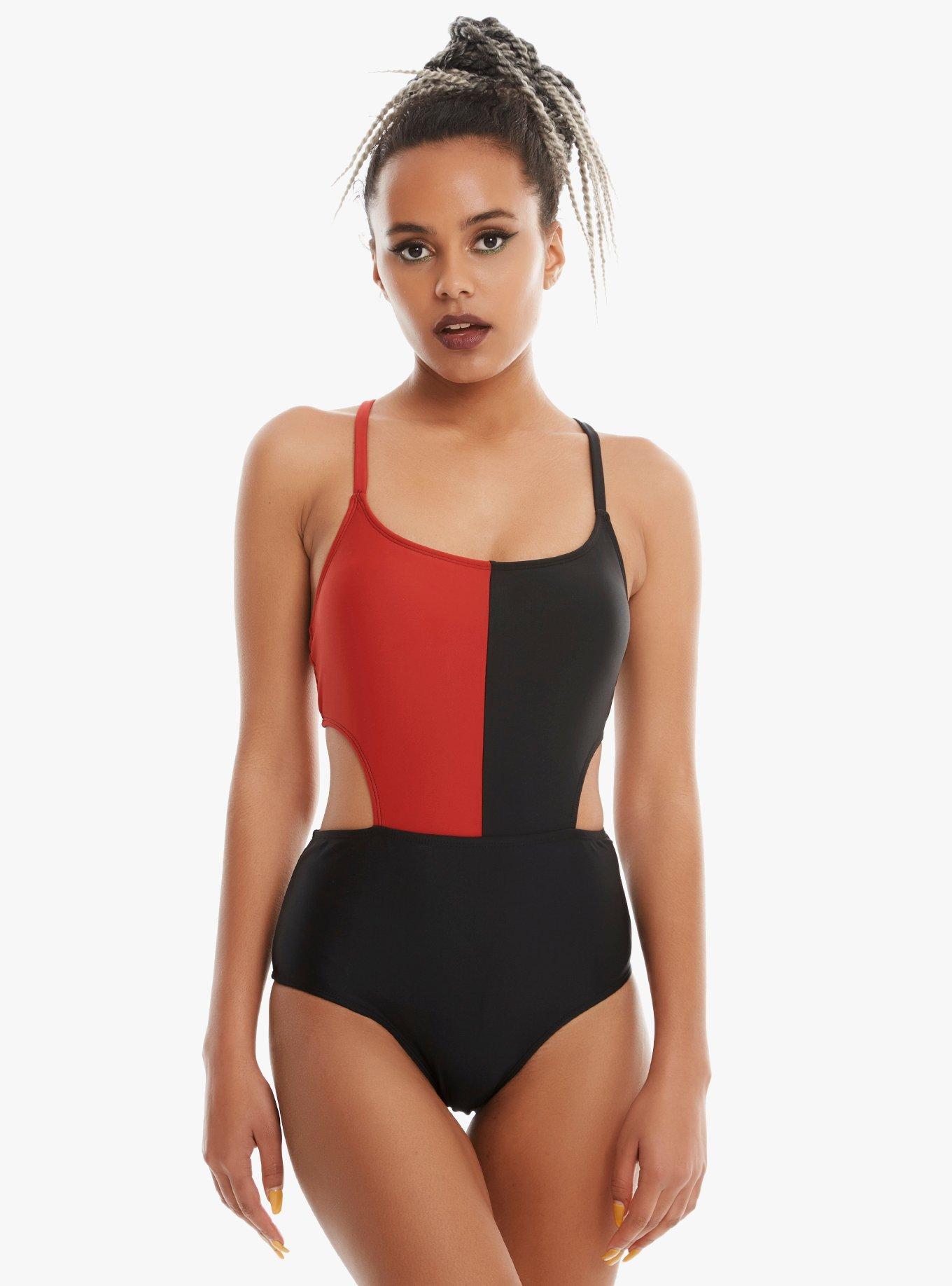 DC Comics Harley Quinn Cut-Out Swimsuit, RED, hi-res