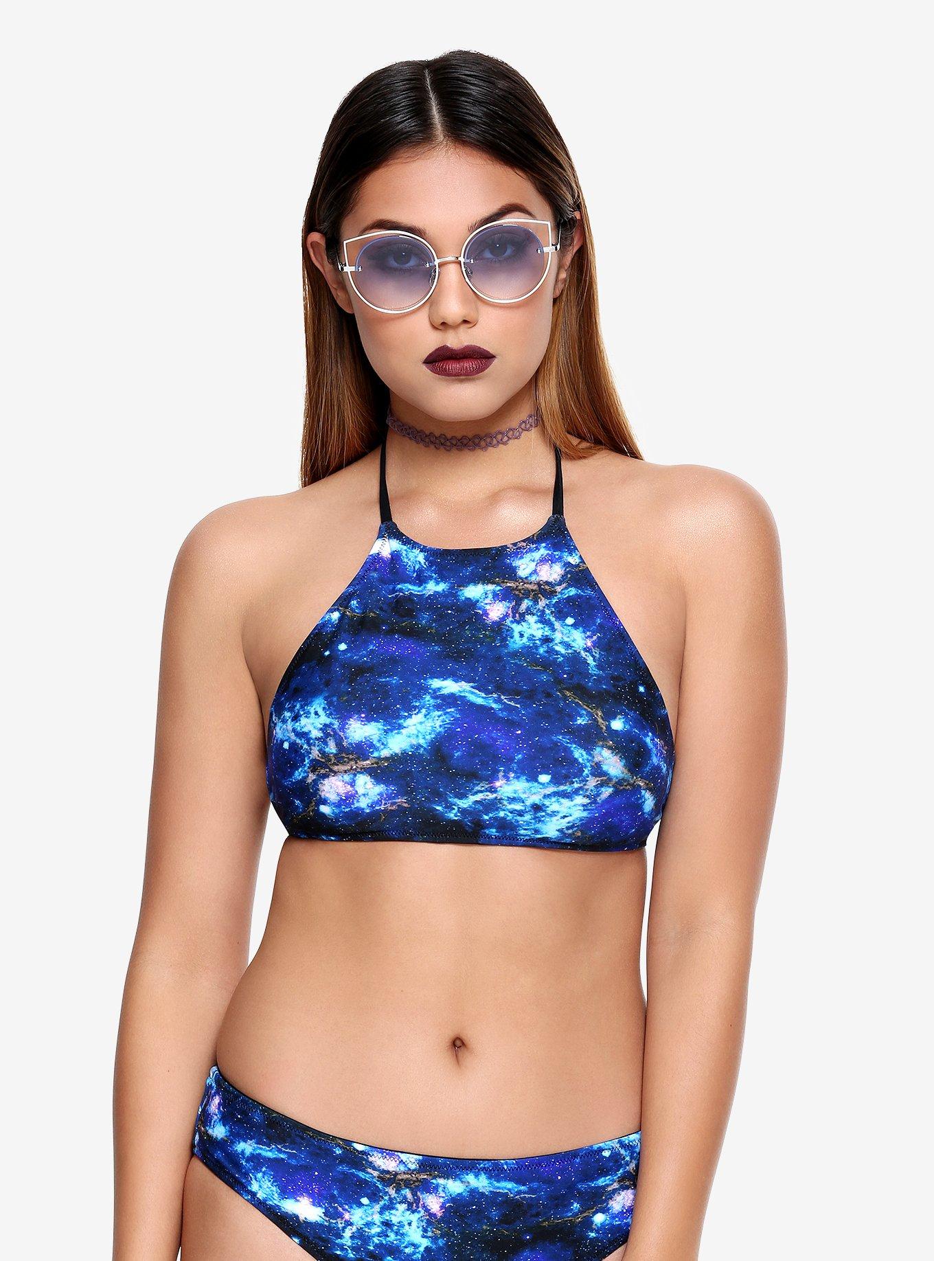 Galaxy Print Black Reversible Halter Swim Top, GALAXY, hi-res