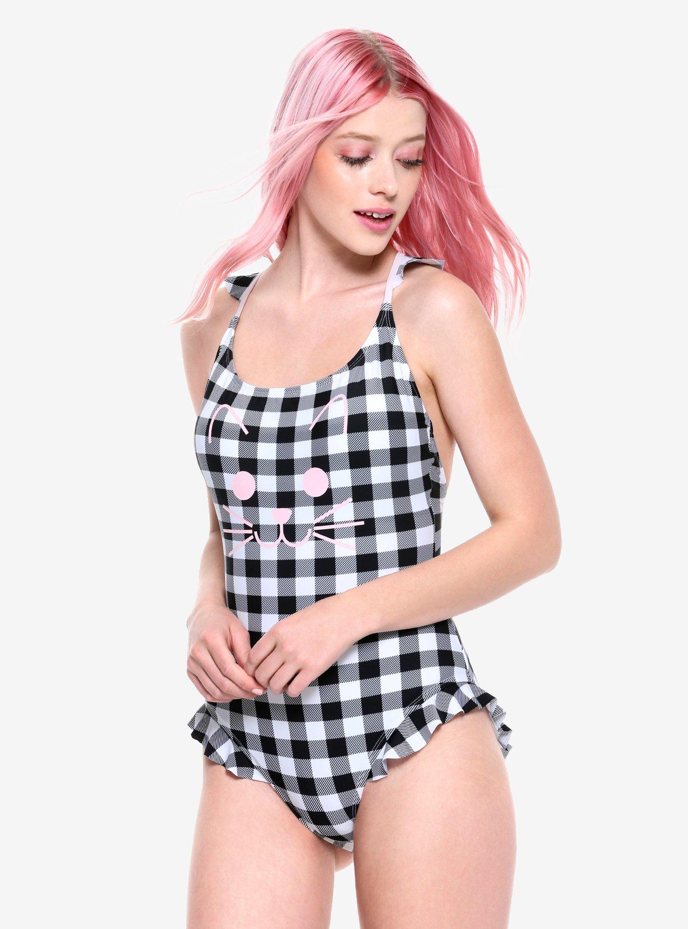 Black & White Checkered Ruffle Cat Swimsuit, MULTI, hi-res