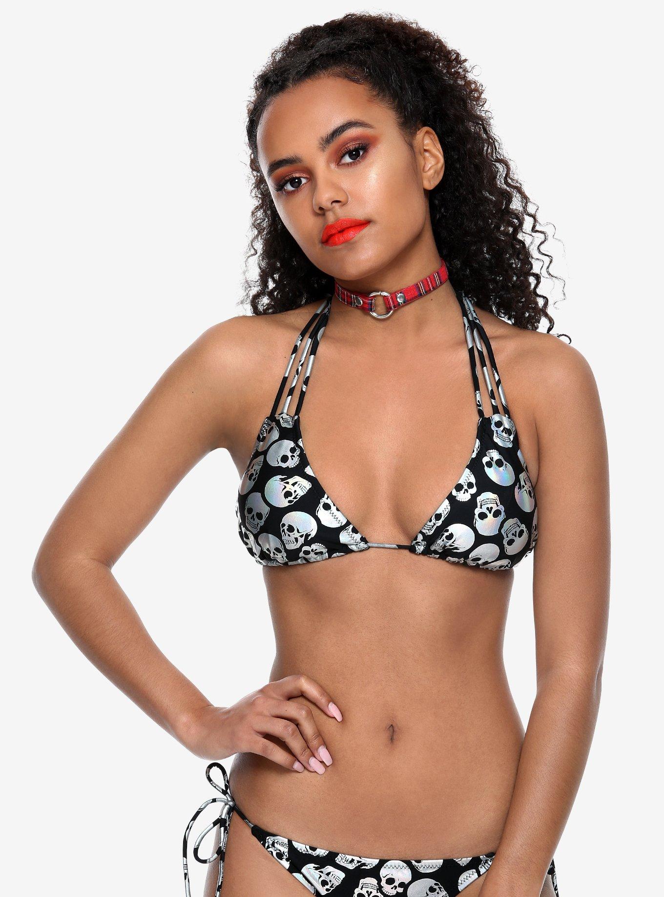 Holographic Skull Swim Top, BLACK, hi-res