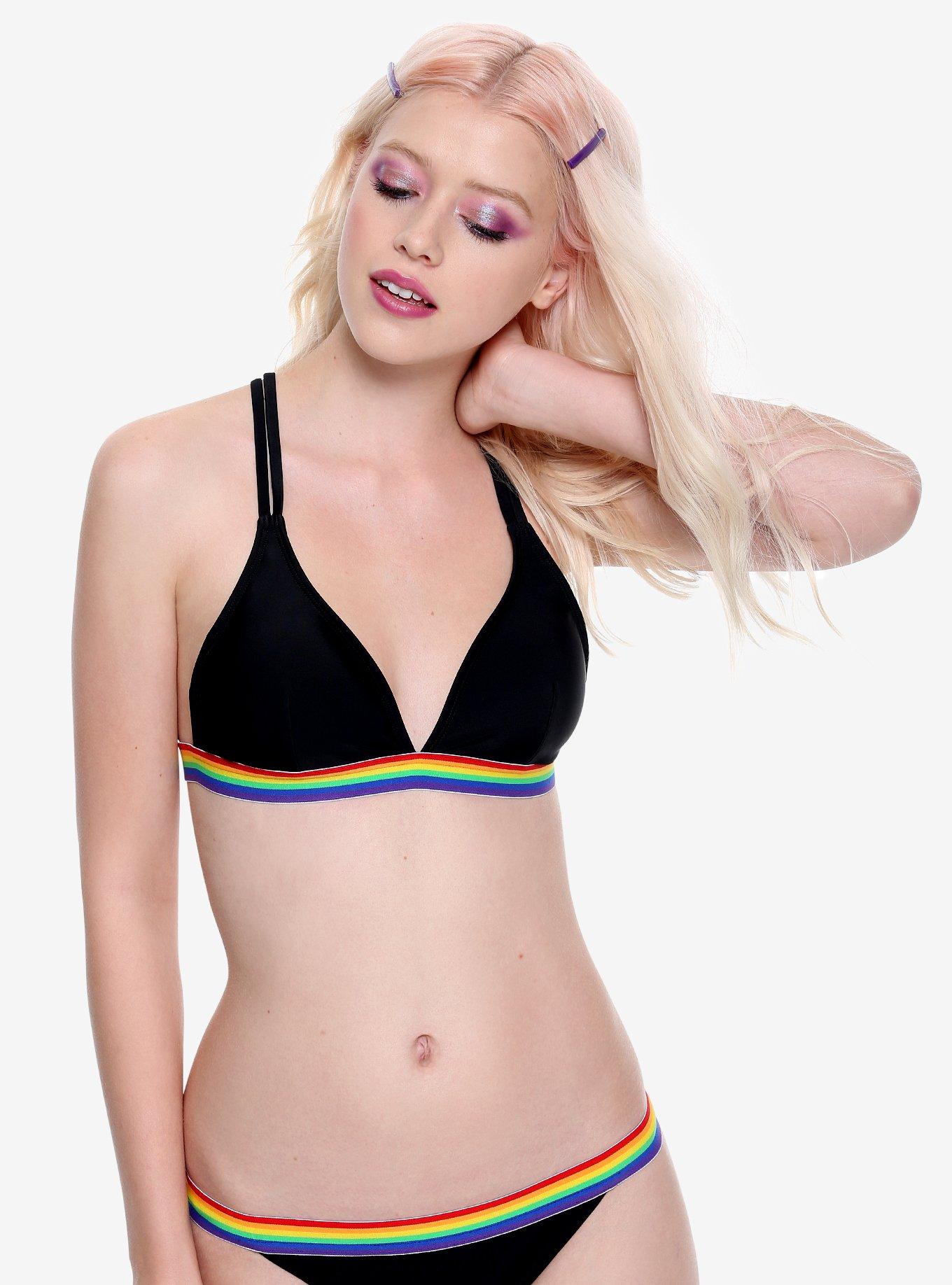 Rainbow Varsity Stripe Triangle Swim Top, BLACK, hi-res