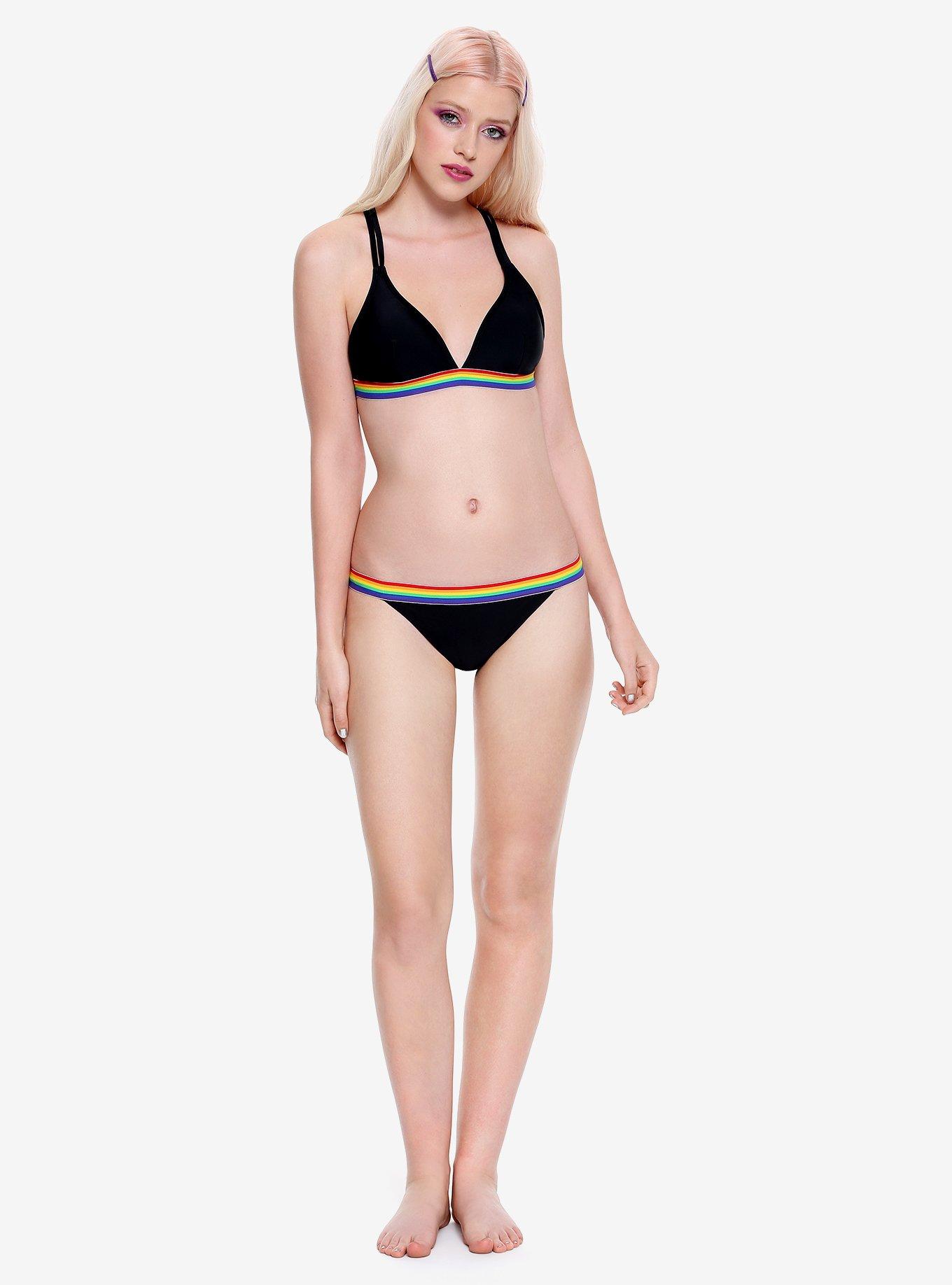 Rainbow Varsity Stripe Triangle Swim Bottoms, BLACK, hi-res