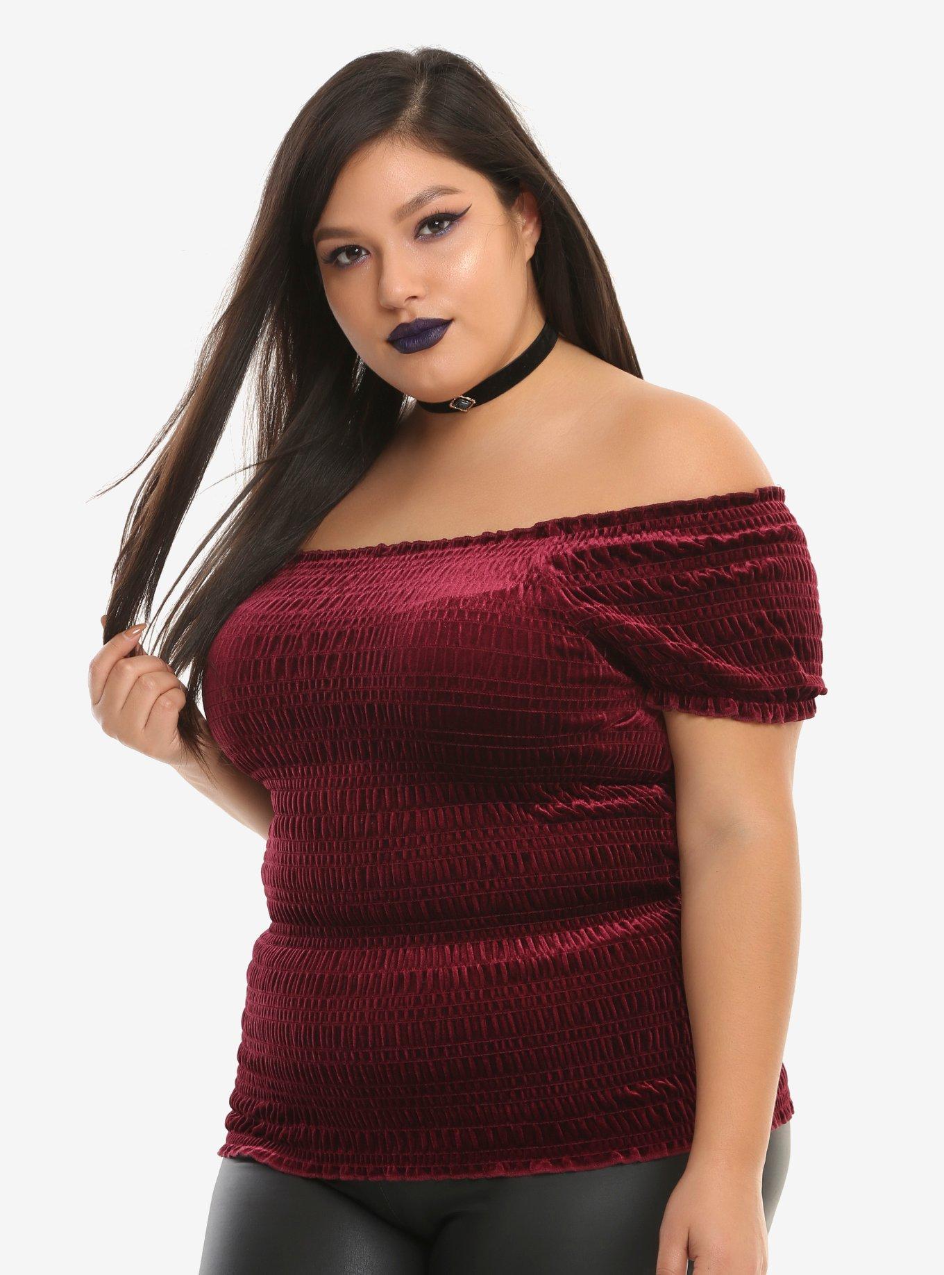 Burgundy Smocked Off-Shoulder Velvet Girls Top Plus Size, BURGUNDY, hi-res