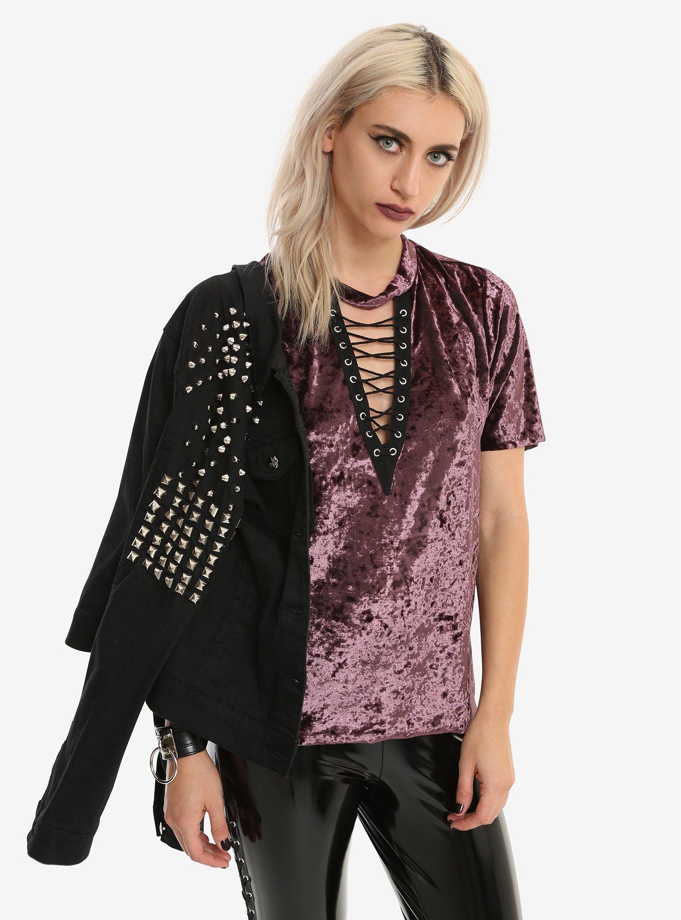 Purple Velvet Lace-Up Girls Top, BURGUNDY, hi-res